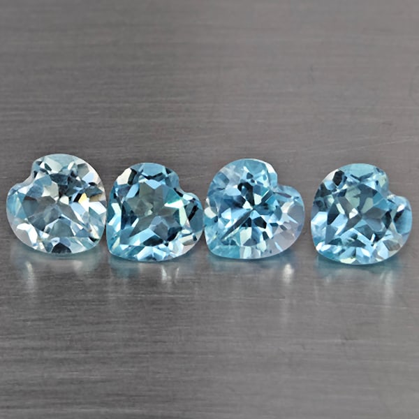 Natural Baby Blue Topaz Gemstones 3.63 Ct. 4 Pcs. Heart Shape 6.1 Mm.: Product ID: 807168964 Product Name: Natural Blue Topaz Weight: 3.63 CT. Size: 6.1 x 6.1 x 3.3 MM. Shape: Heart Shape Color: Baby Blue Clarity:SI1 Luster: Good Gems Origin: Brazil Treatment: Treated Cr