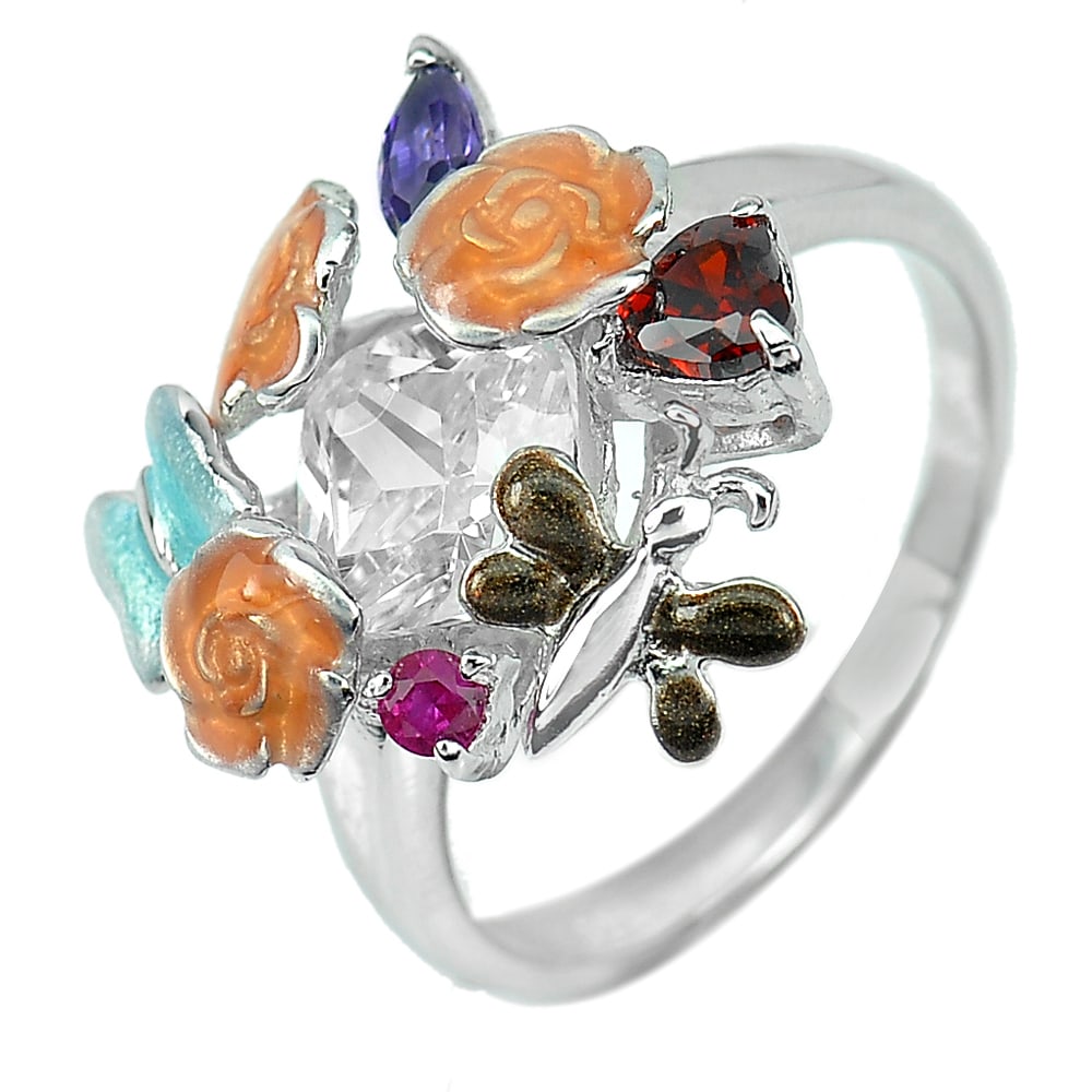 925 Sterling Silver Ring Jewelry 4.72 Grams with Flower Enamael Design Size 7: Product ID: 200107474 Product Name: Natural Fashion Jewelry Weight: 4.72 CT. Size: 21 x 18 Mm. MM. Shape: Round Cabochon Color: Multi Color Clarity:None Luster: None Gems Origin: Thailand Treatment: N
