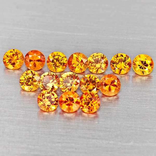 Natural Orange Songea Sapphire Gemstones 1.18 Ct. 15 Pcs. Round Diamond Cut 2.5 Mm.: Product ID: 806162858 Product Name: Natural Orange Sapphire Weight: 1.18 CT. Size: 2.5 x 2.5 x 1.6 MM. Shape: Round Diamond Cut Color: Orange Clarity:SI1 Luster: Good Gems Origin: Tanzania Treatment: 