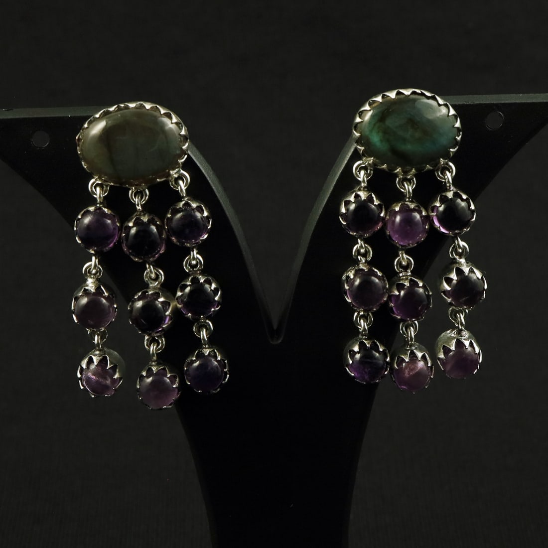 Natural Amethyst & Labradorite Sterling Silver Plated Handmade Stud Earring: Product ID: 260712121403 Product - Handmade Silver Plated Stud Earring Metal - 92.5 Sterling Silver Plated Earring Type - Stud Gemstone - Labradorite & Amethyst Gemstone Origin - Canada & Africa Gemst