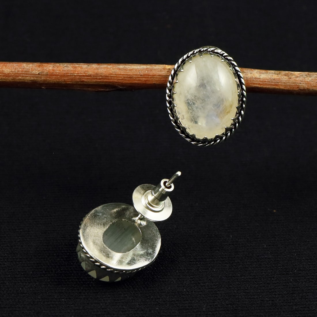 Natural Rainbow Moonstone Sterling Silver Plated Handmade Stud Earring: Product ID: 260711133736 Product - Handmade Silver Plated Stud Earring Metal - 92.5 Sterling Silver Plated Earring Type - Stud Gemstone - Rainbow Moonstone Gemstone Origin - India Gemstone Size - 12X1