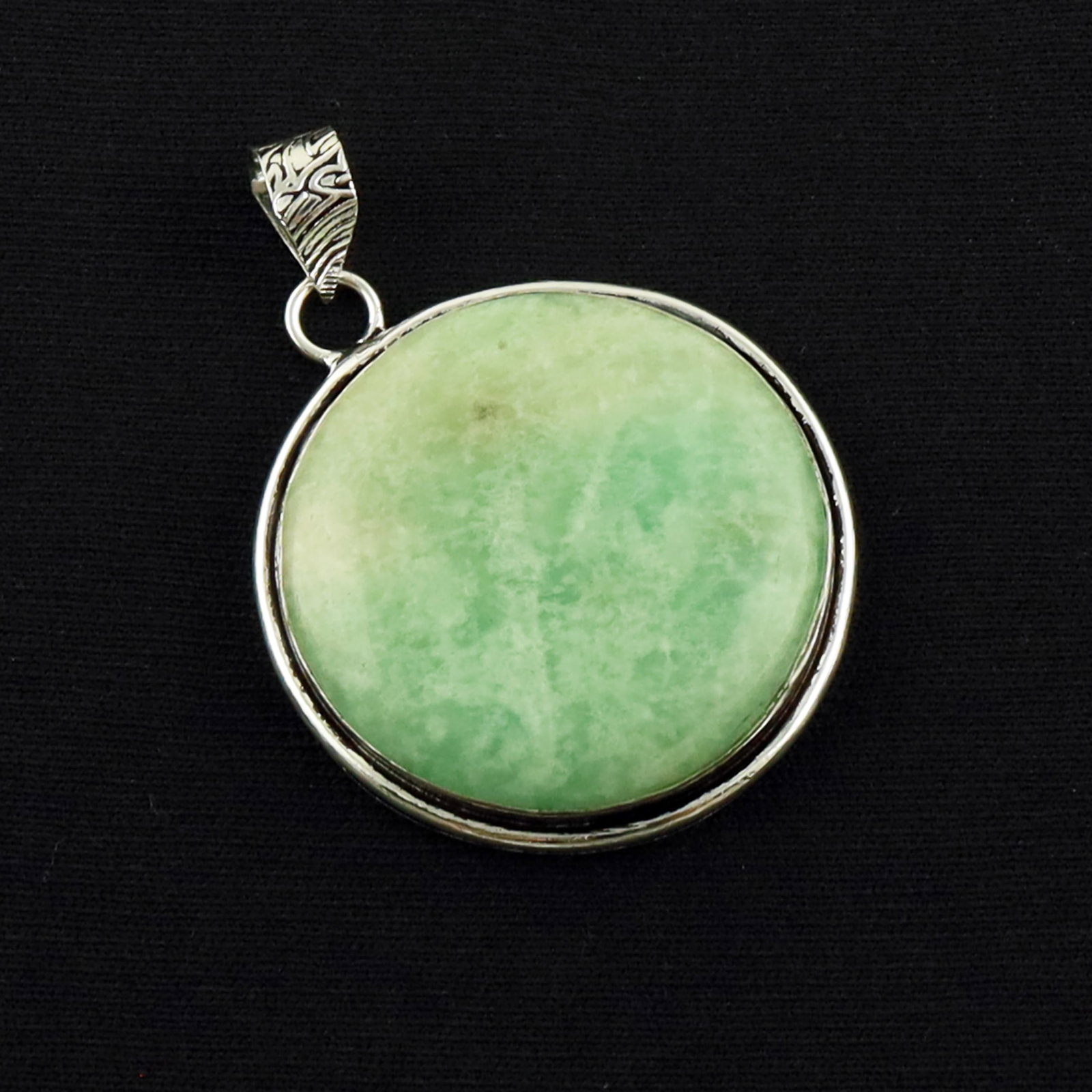 Natural Amazonite Sterling Silver Plated Handmade Pendant: Product ID: 260619171038 Product - Handmade Silver Plated Pendant Metal - 92.5 Sterling Silver Plated Pendant Size - 3.5 CM Gemstone - Amazonite Gemstone Origin - Brazil Gemstone Shape - Round Pendant