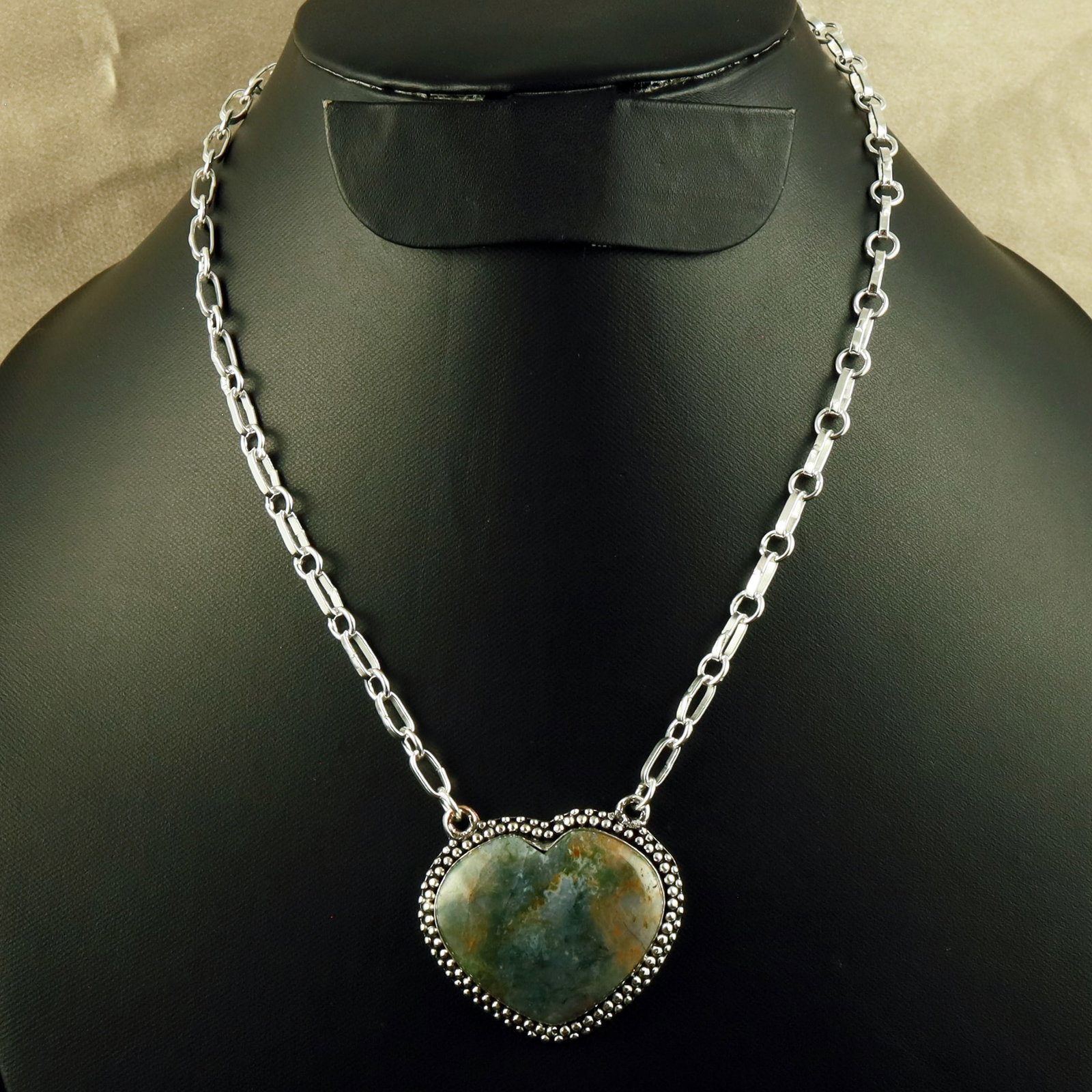 Natural MossAgate Silver Plated Handmade Heart Necklace: Product ID: 260618120945 Product - Handmade Silver Plated Necklace Metal - 92.5 Sterling Silver Plated Necklace Length - 18 Inch Gemstone - Moss Agate Gemstone Size - 2.5X2.5 CM (1 Stone) Gemstone Ori