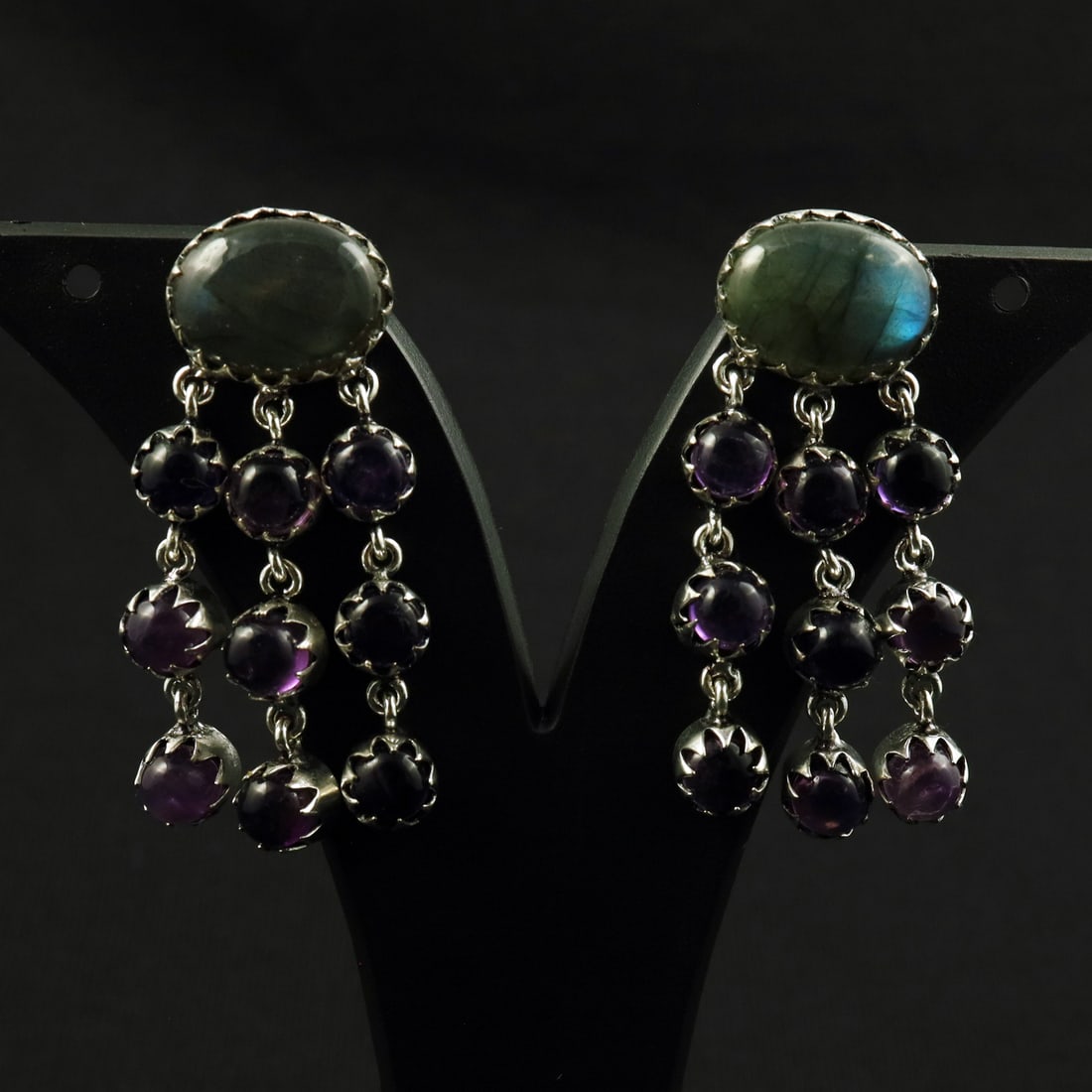 Natural Amethyst & Labradorite Sterling Silver Plated Handmade Stud Earring: Product ID: 260712121641 Product - Handmade Silver Plated Stud Earring Metal - 92.5 Sterling Silver Plated Earring Type - Stud Gemstone - Labradorite & Amethyst Gemstone Origin - Canada & Africa Gemst