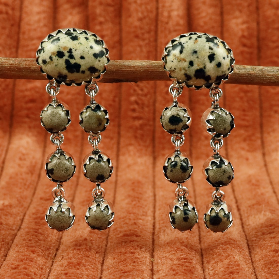Natural Dalmatian Jasper Sterling Silver Plated Handmade Stud Earring: Product ID: 260710171410 Product - Handmade Silver Plated Stud Earring Metal - 92.5 Sterling Silver Plated Earring Type - Stud Gemstone - Dalmatian Jasper Gemstone Origin - Mexico Gemstone Size - 12X1