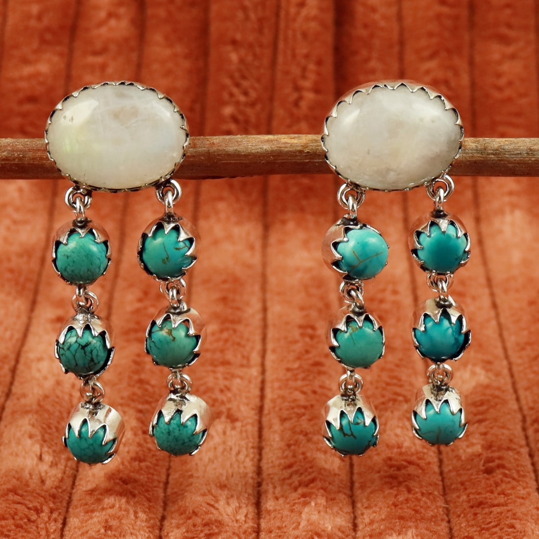 Natural Turquoise & Rainbow Moonstone Sterling Silver Plated Handmade Stud Earring: Product ID: 260710152439 Product - Handmade Silver Plated Stud Earring Metal - 92.5 Sterling Silver Plated Earring Type - Stud Gemstone - Turquoise & Rainbow Moonstone Gemstone Origin - Tibet & India 