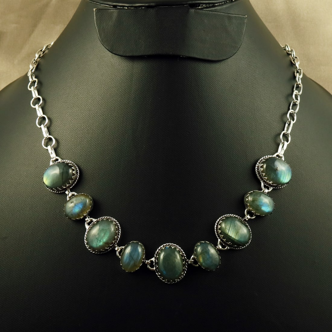 Natural Labradorite Sterling Silver Plated Handmade Necklace: Product ID: 260708113730 Product - Handmade Silver Plated Necklace Metal - 92.5 Sterling Silver Plated Necklace Length - 18 Inch Gemstone - Labradorite Gemstone Size - 12X16 MM (5 Stone), 10X14 MM (4 