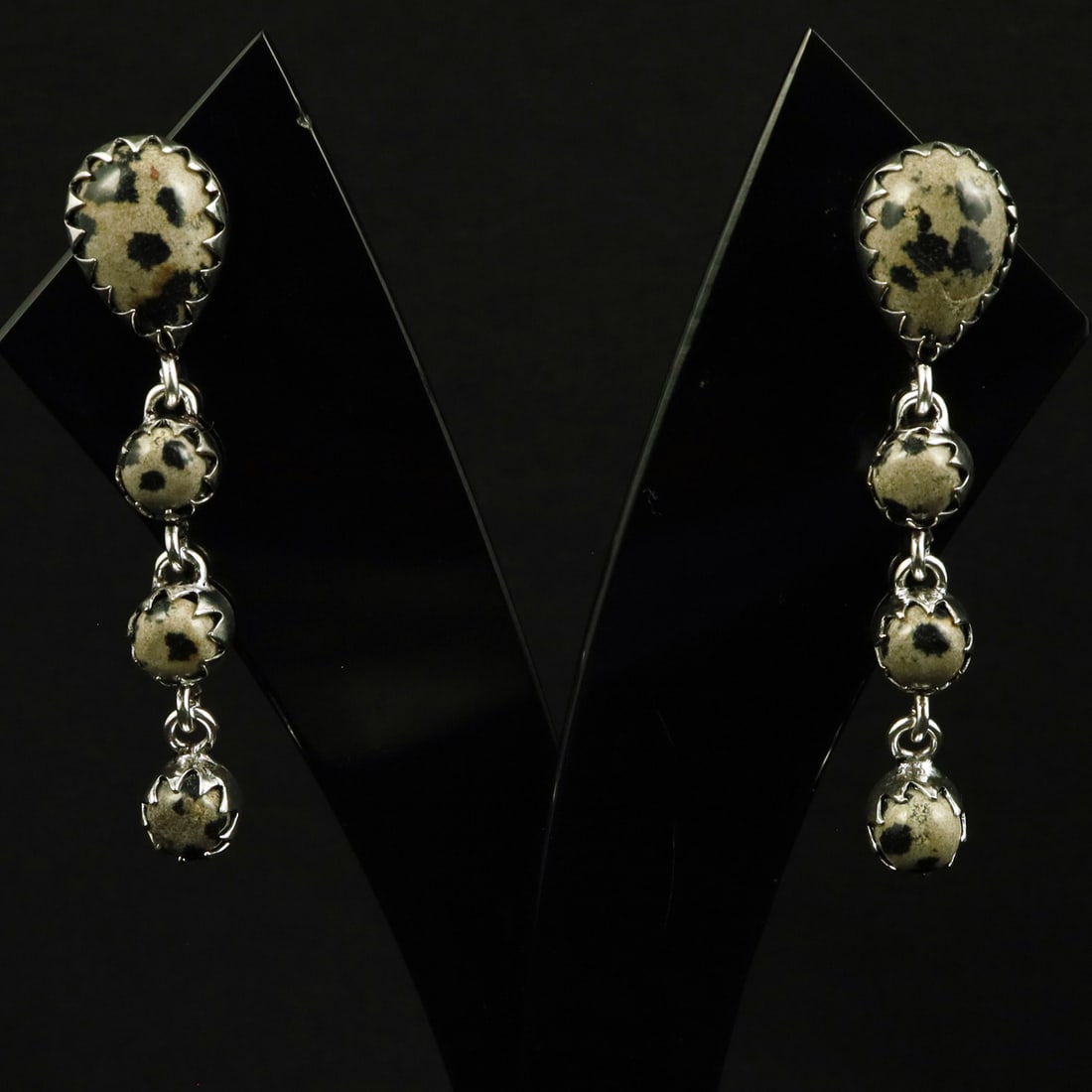 Natural Dalmatian Jasper Sterling Silver Plated Handmade Stud Earring: Product ID: 260708161214 Product - Handmade Silver Plated Stud Earring Metal - 92.5 Sterling Silver Plated Earring Type - Stud Gemstone - Dalmatian Jasper Gemstone Origin - Mexico Gemstone Size - 10X1