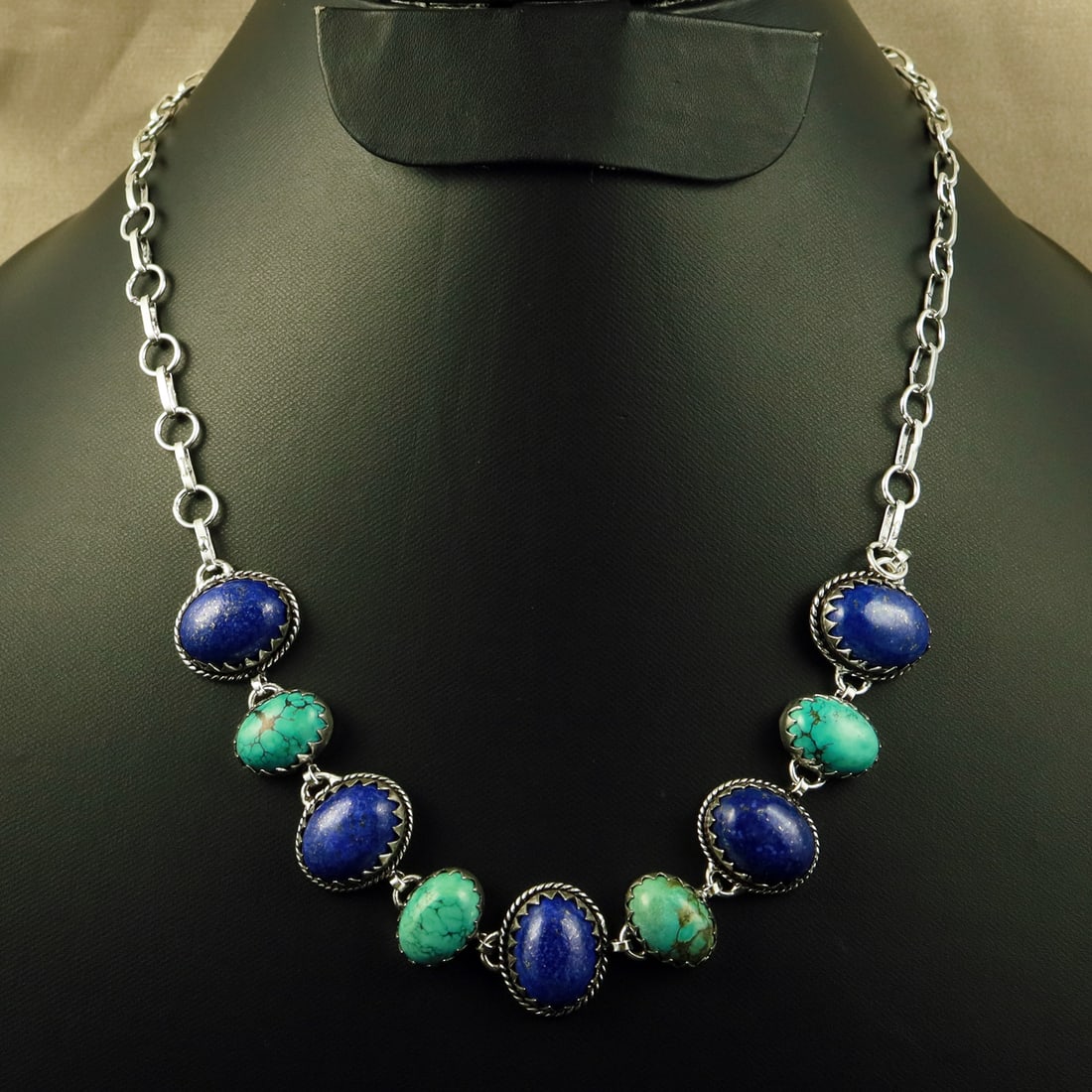 Natural Turquoise & Lapis Lazuli Silver Plated Handmade Necklace: Product ID: 260708111641 Product - Handmade Silver Plated Necklace Metal - 92.5 Sterling Silver Plated Necklace Length - 18 Inch Gemstone - Turquoise & Lapis Lazuli Gemstone Size - 12X16 MM (5 Stone),
