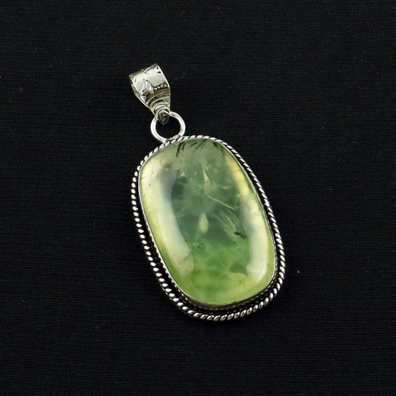 Natural Prehnite Sterling Silver Plated Handmade Pendant: Product ID: 260619173014 Product - Handmade Silver Plated Pendant Metal - 92.5 Sterling Silver Plated Pendant Size - 3X2 CM Gemstone - Prehnite Gemstone Origin - South Africa Gemstone Shape - Square P