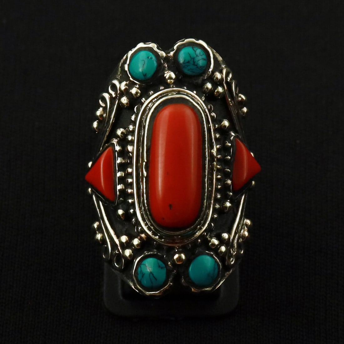 Tibetan Turquoise & Coral Handmade Ethnic Ring - 8MM: Product ID: 260721175259 Product - Tibetan Handmade Ethnic Ring Ring Size - 8MM Ring Weight - 17 Gram Gemstone - Turquoise & Coral Metal - Brass & Copper mix Metal Origin - Nepal Country/Region of Man