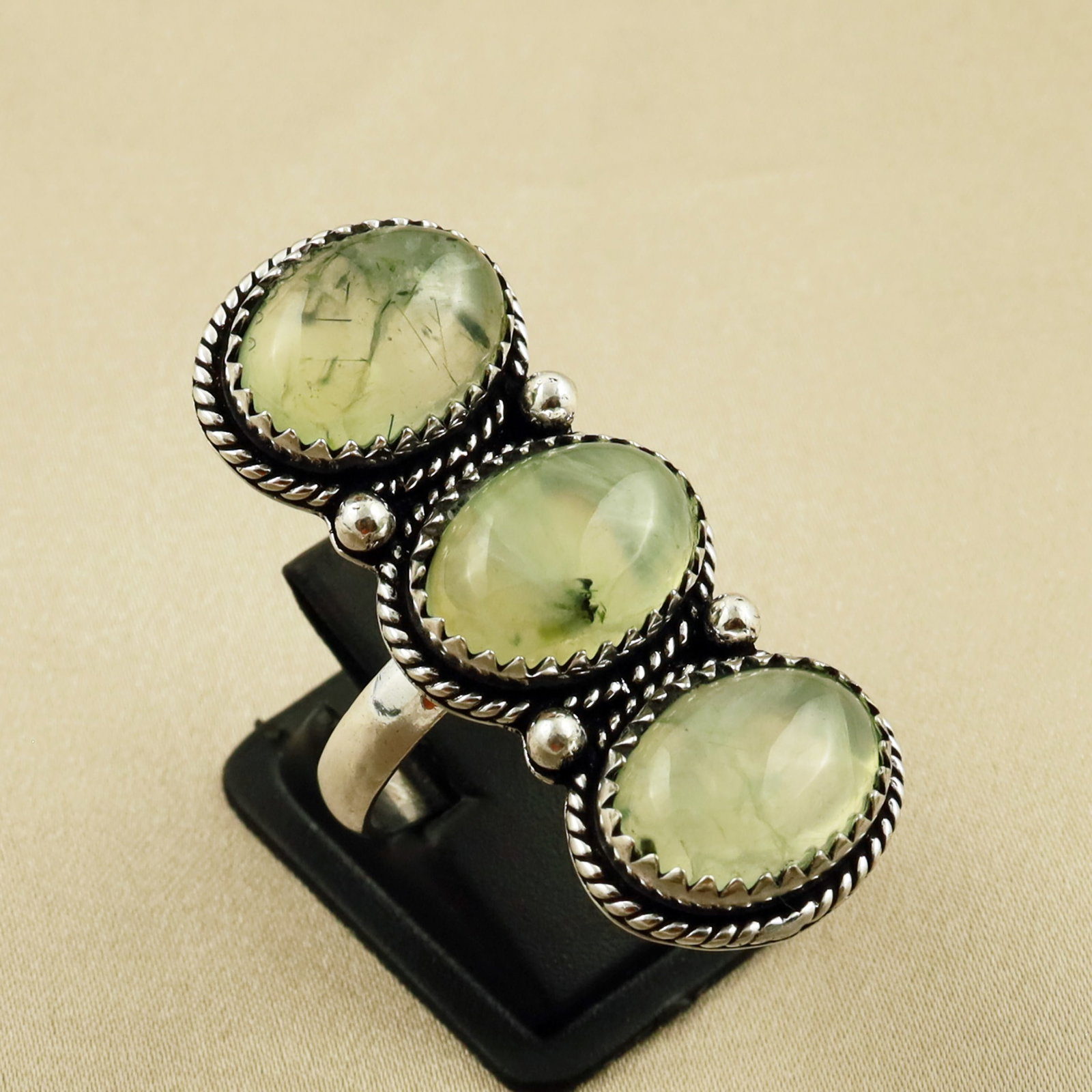 Natural Prehnite Sterling Silver Plated Handmade Ring - 9.5MM: Product ID: 260703130420 Product - Handmade Silver Plated Ring Metal - 92.5 Sterling Silver Plated Ring Size - 9.5MM Gemstone - Prehnite Gemstone Origin - South Africa Gemstone Size - 10X14 MM ( 3 Sto