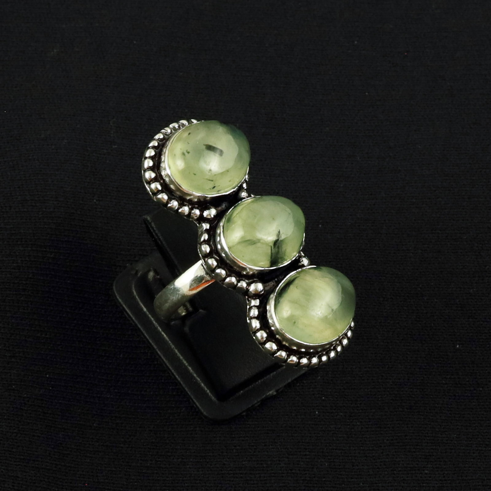 Natural Prehnite Sterling Silver Plated Handmade Ring - 6MM: Product ID: 260620133615 Product - Handmade Silver Plated Ring Metal - 92.5 Sterling Silver Plated Ring Size - 6MM Gemstone - Prehnite Gemstone Origin - South Africa Gemstone Size - 10X14 MM ( 3 Stone