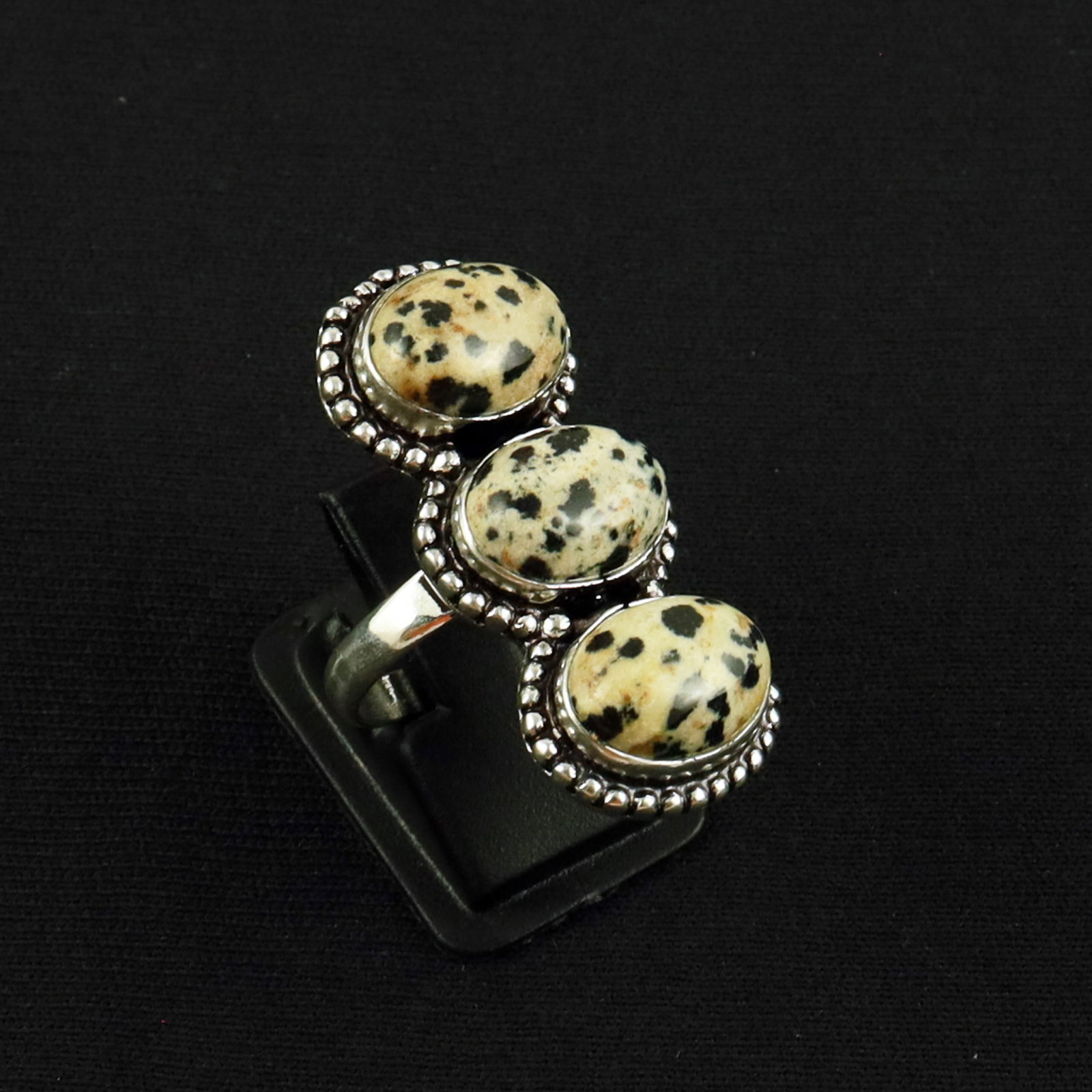 Natural Dalmatian Jasper Silver Plated Handmade Ring - 7.5MM: Product ID: 260620132131 Product - Handmade Silver Plated Ring Metal - 92.5 Sterling Silver Plated Ring Size - 7.5MM Gemstone - Dalmatian Jasper Gemstone Origin - Mexico Gemstone Size - 10X14 MM ( 3 S