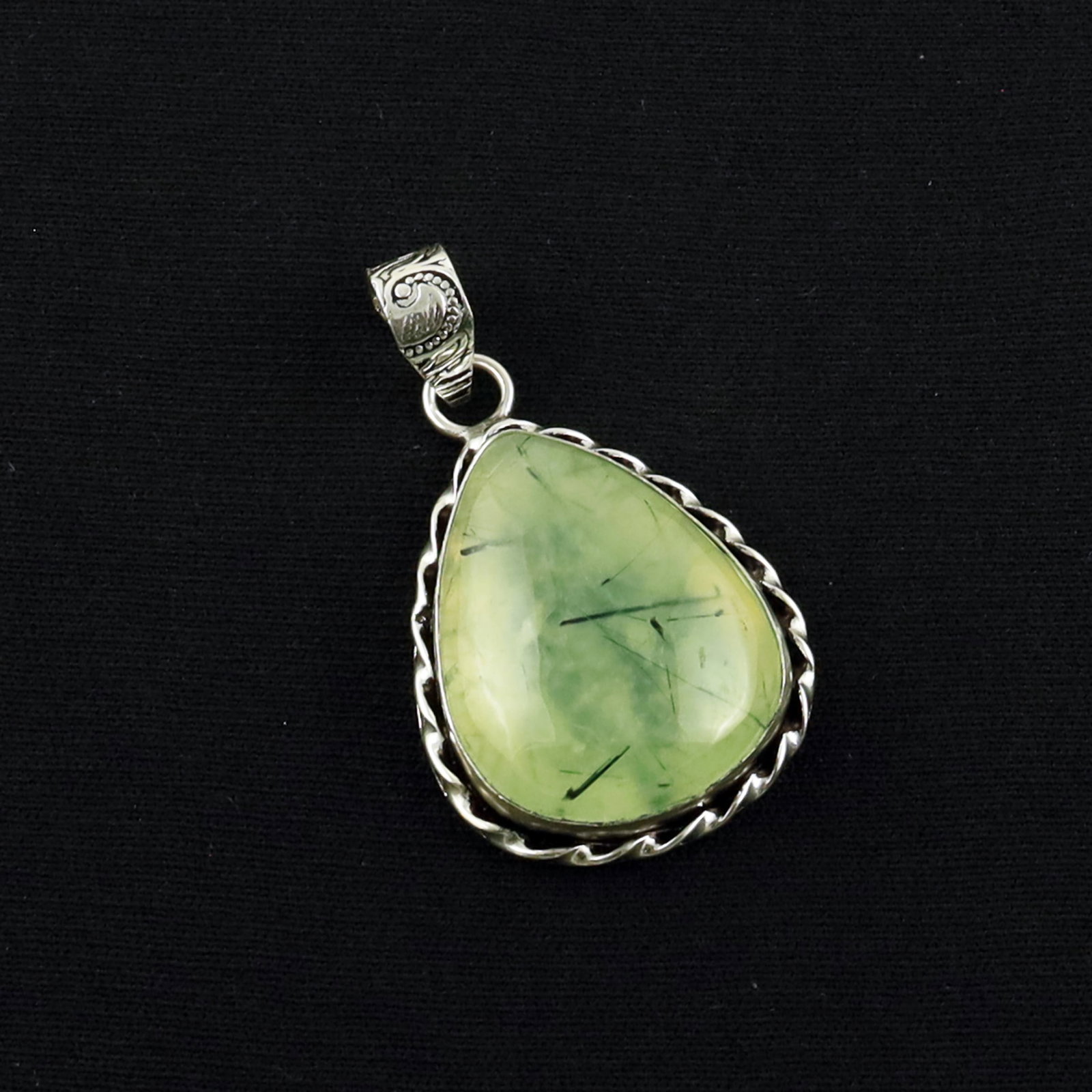 Natural Prehnite Sterling Silver Plated Handmade Pendant: Product ID: 260619172818 Product - Handmade Silver Plated Pendant Metal - 92.5 Sterling Silver Plated Pendant Size - 2.5X2 CM Gemstone - Prehnite Gemstone Origin - South Africa Gemstone Shape - Pear P