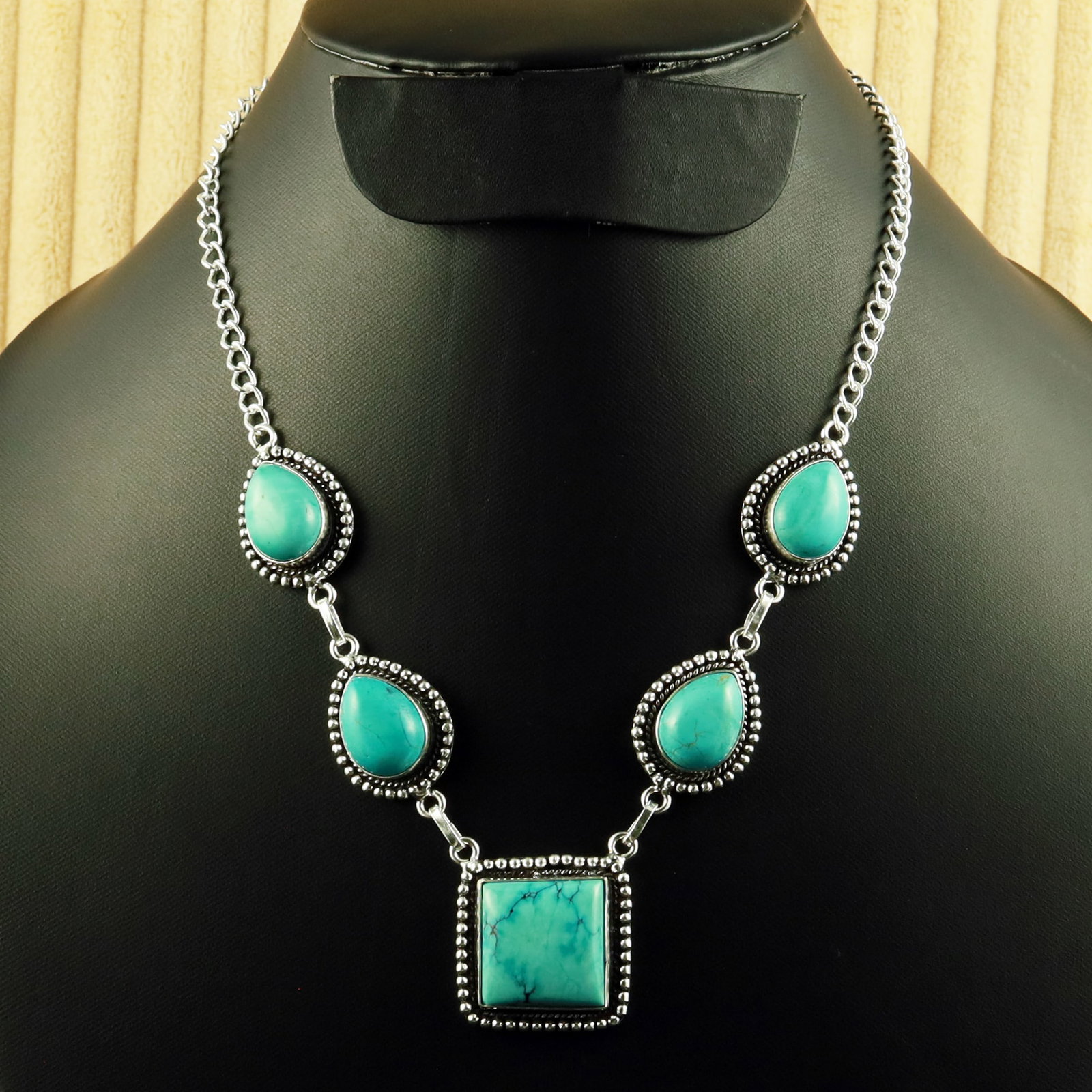 Natural Turquoise Sterling Silver Plated Handmade Necklace: Product ID: 260616121328 Product - Handmade Silver Plated Necklace Metal - 92.5 Sterling Silver Plated Necklace Length - 18 Inch Gemstone - Turquoise Gemstone Size - 12X16 MM (4 Stone), 2X2 CM (1 Ston