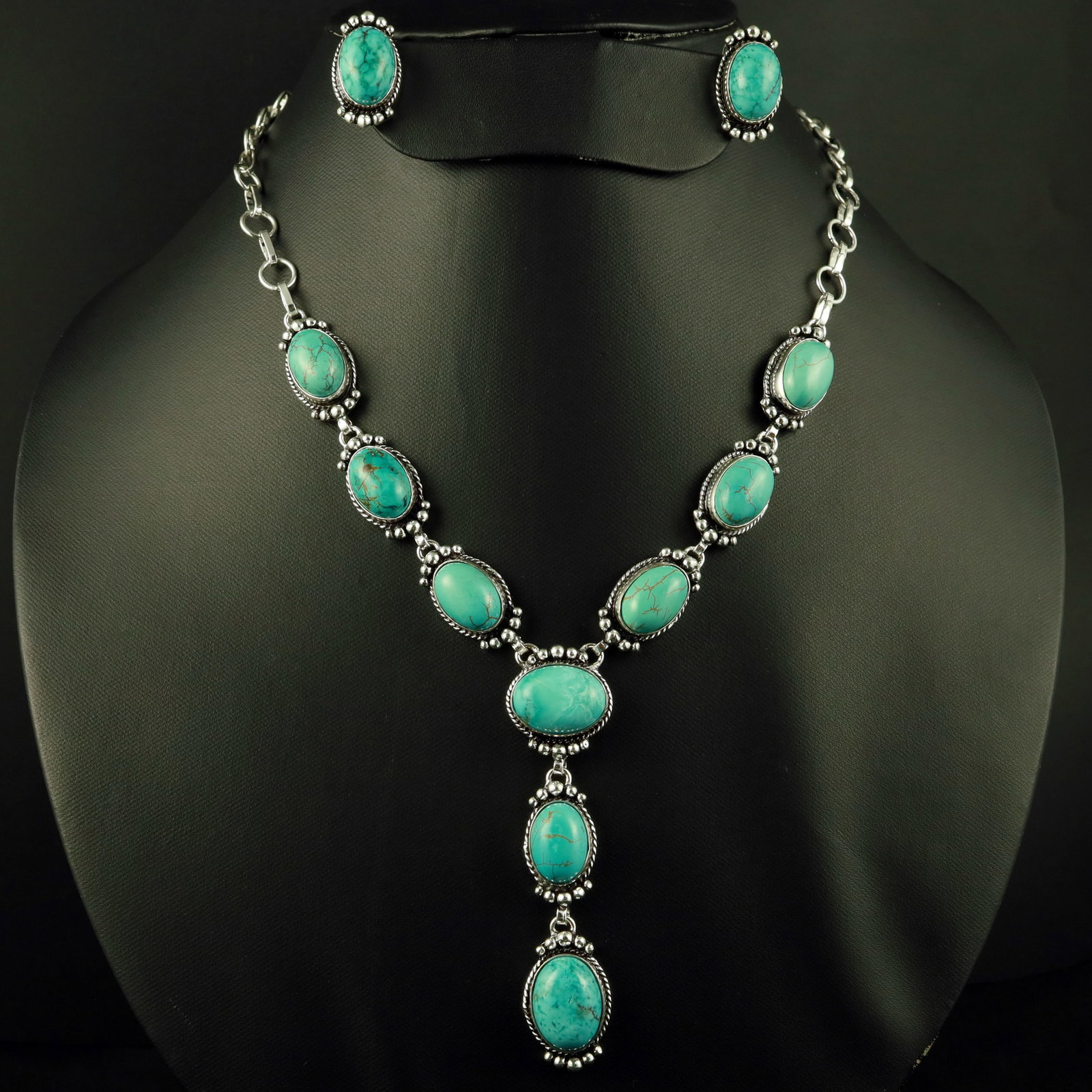 Natural Turquoise Silver Plated Handmade Necklace With Stud Earring: Product ID: 260521164137 Product - Handmade Silver Plated Necklace With Earring Metal - 92.5 Sterling Silver Plated Necklace Length - 18 Inch Gemstone - Turquoise Gemstone Size - 12X16 MM ( 2 Stone), 