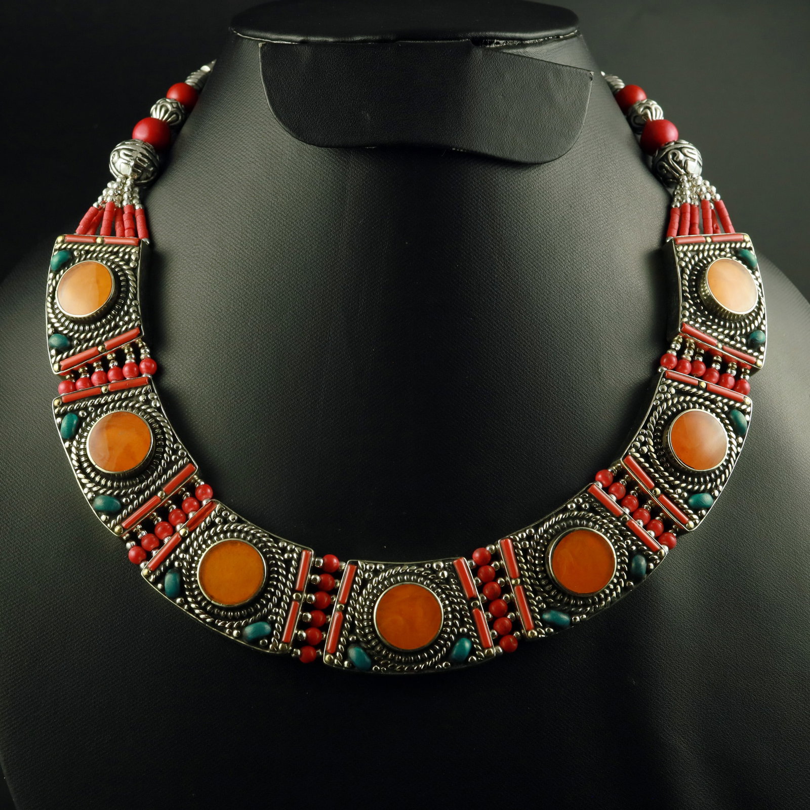 Tibetan Natural Red Coral Handmade Choker Necklace: Product ID: 260518174023 Product - Tibetan Handmade Ethnic Necklace Gemstone - Natural Red Coral Necklace Length - 18 Inch Necklace Weight - 175 Gram Approx Metal - Brass & Copper mix Metal Origin - N
