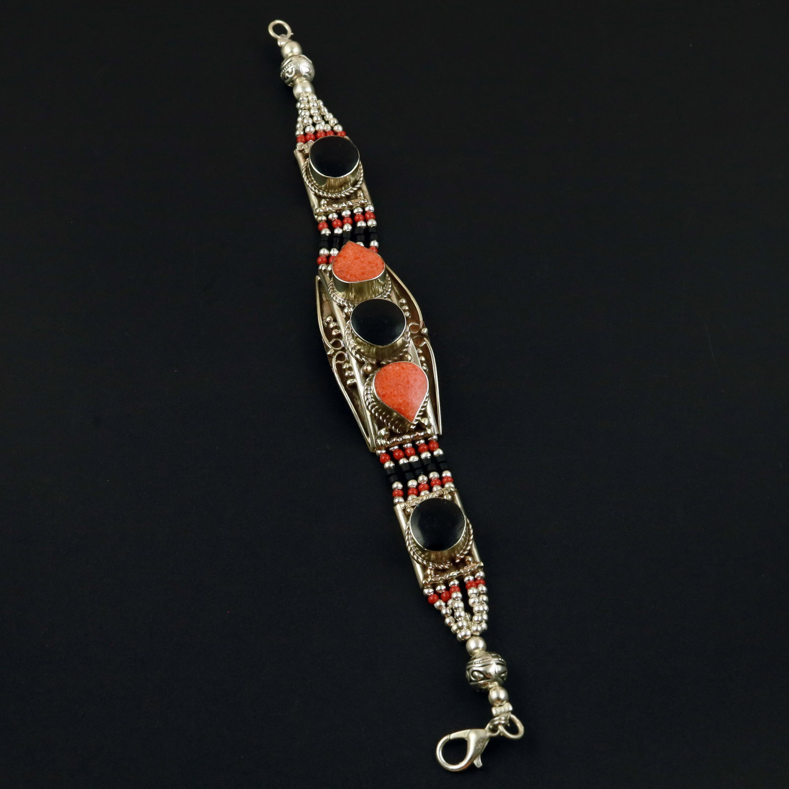 Tibetan Black Onyx & Coral Handmade Royal Bracelet (1 of 3)