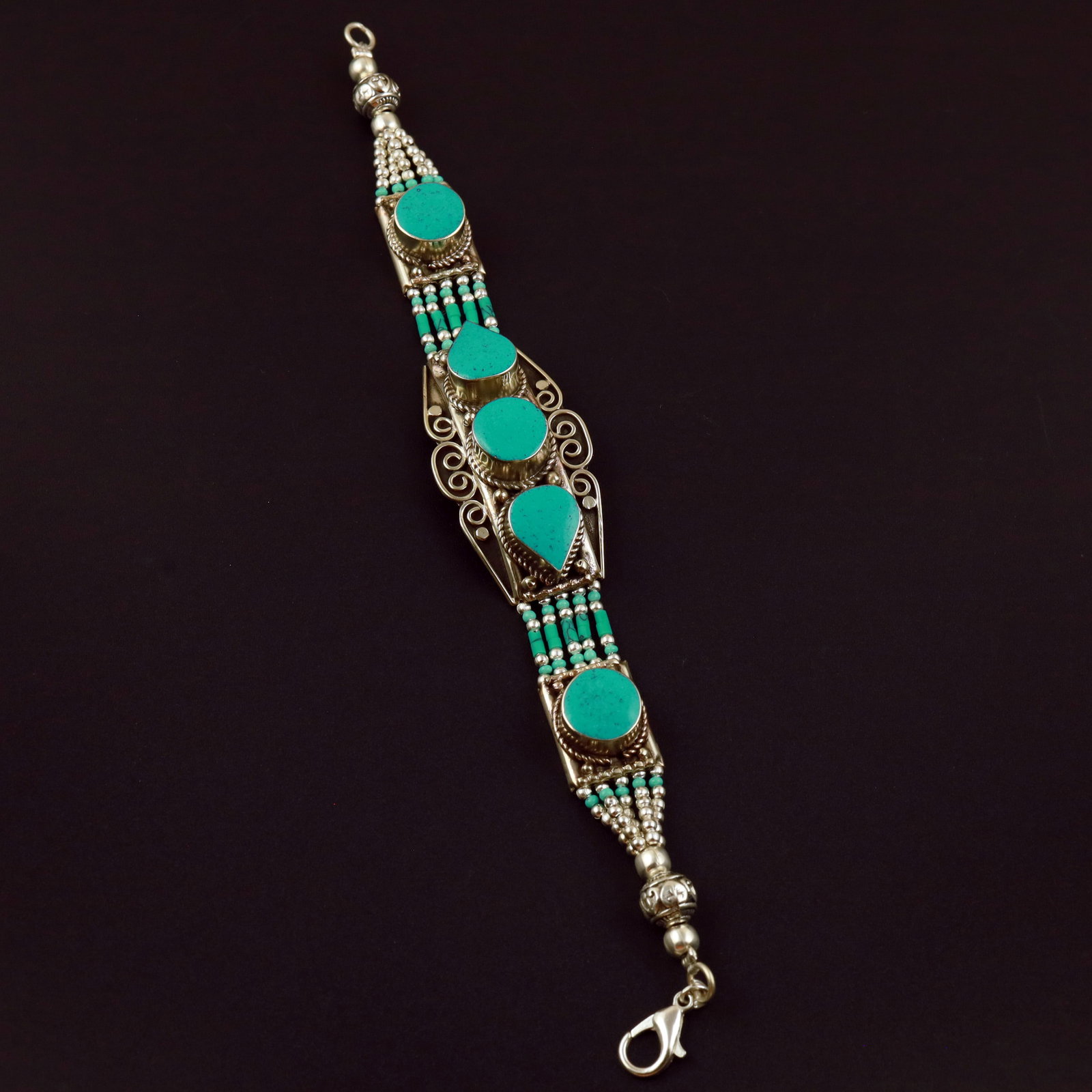 Tibetan Natural Turquoise Handmade Ethnic Boho Bracelet: Product ID: 260513132459 Product - Tibetan Handmade Ethnic Bracelet Gemstone - Natural Turquoise Size - 7 Inch Weight - 50 Gram Approx Metal - Brass & Copper mix Metal Origin - Nepal Country/Region of