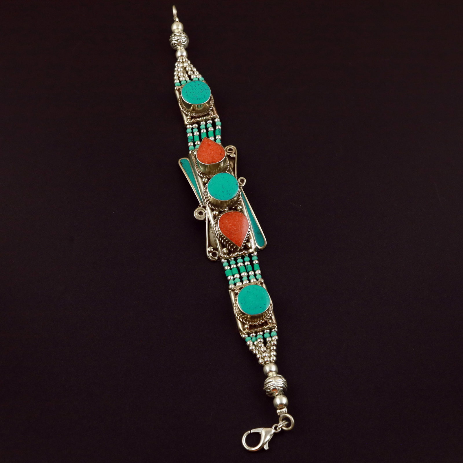 Tibetan Natural Turquoise & Coral Handmade Boho Bracelet (1 of 3)