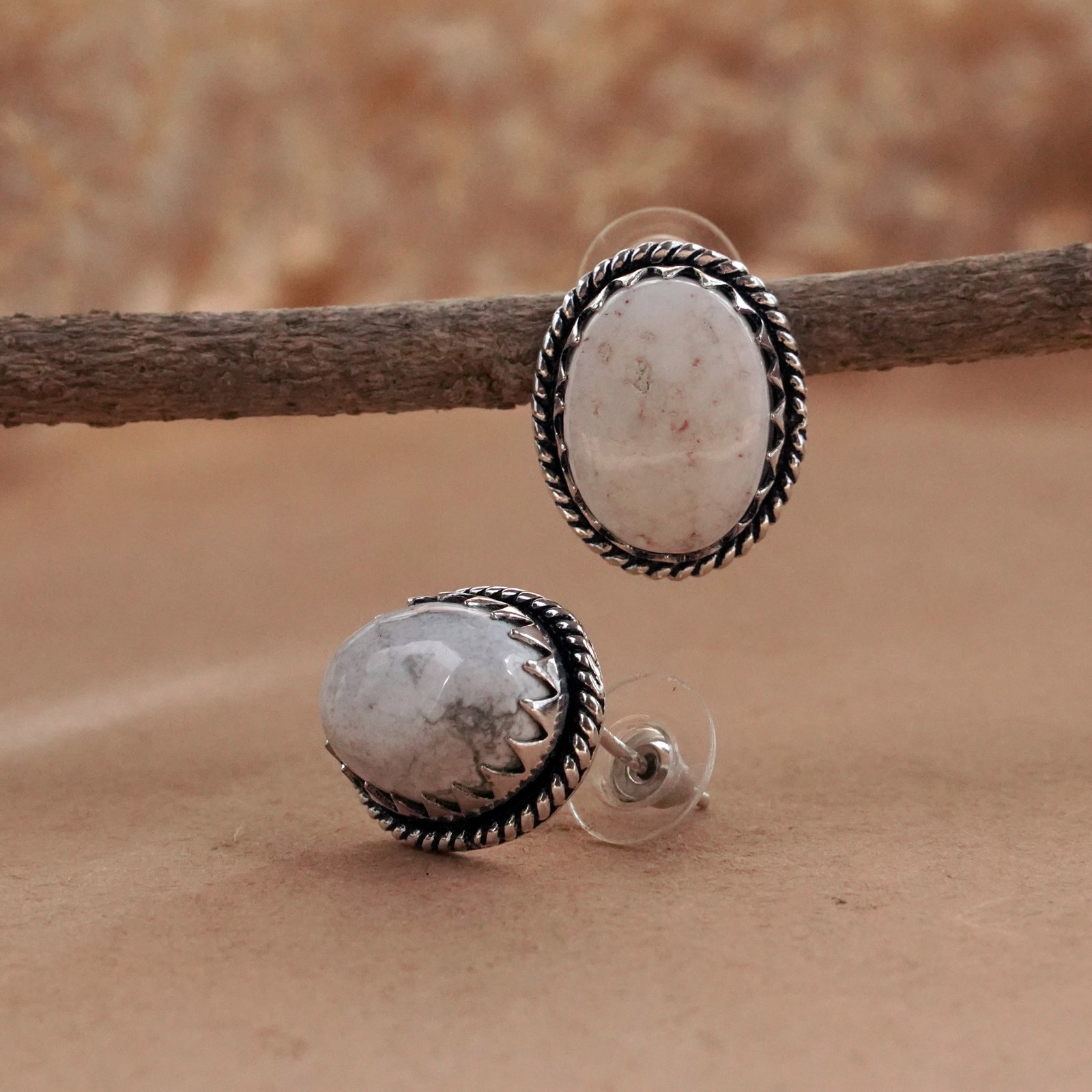 Natural Howlite Sterling Silver Plated Handmade Stud Earring (1 of 3)