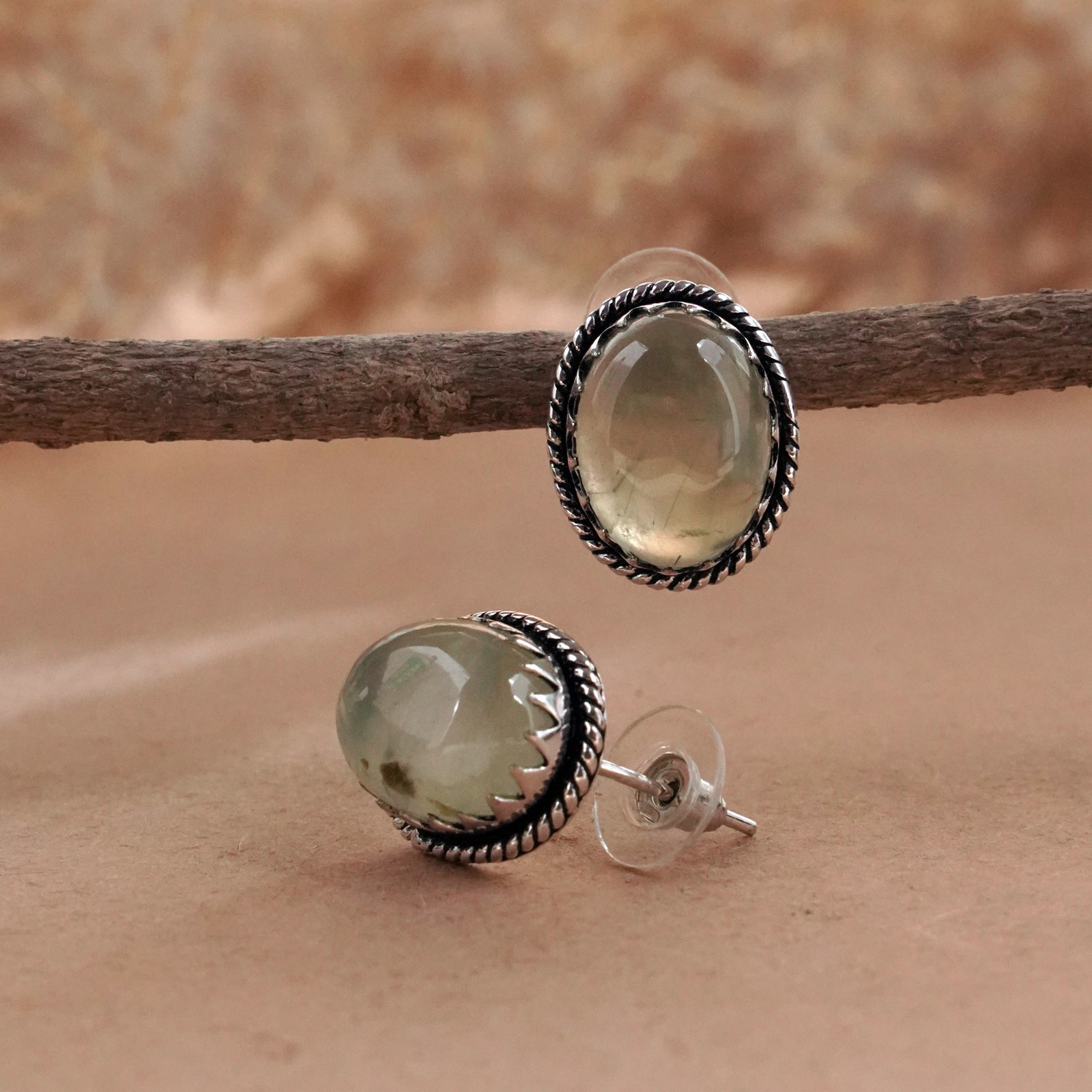 Natural Prehnite Sterling Silver Plated Handmade Stud Earring: Product ID: 260503144723 Product - Handmade Silver Plated Stud Earring Metal - 92.5 Sterling Silver Plated Earring Type - Stud Gemstone - Prehnite Gemstone Origin - South Africa Gemstone Size - 12X16 
