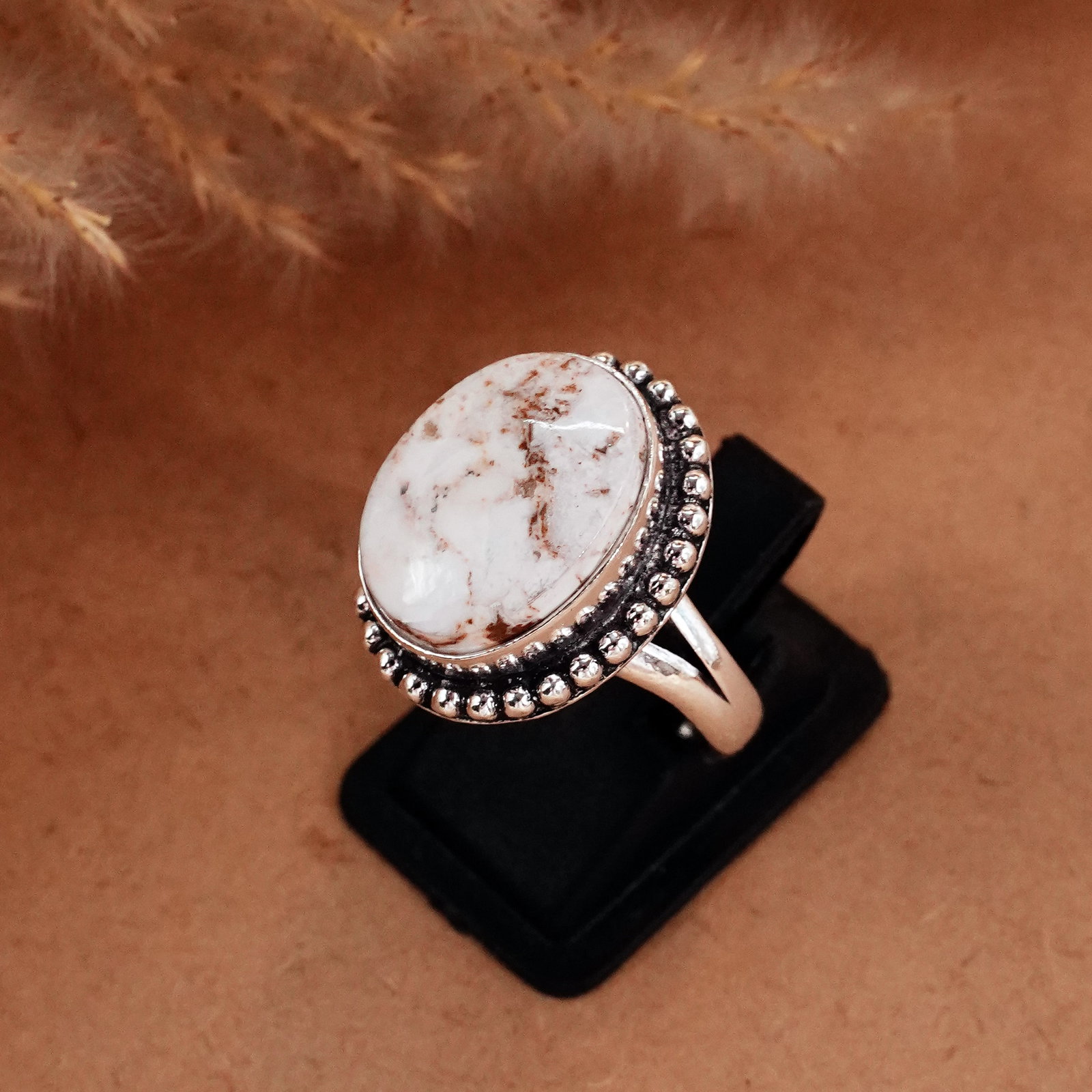 Natural Wild Horse Sterling Silver Plated Handmade Ring - 8.5MM: Product ID: 260510120426 Product - Handmade Silver Plated Ring Metal - 92.5 Sterling Silver Plated Ring Size - 8.5MM Gemstone - Wild Horse Gemstone Origin - United States Gemstone Size - 12X16 MM Gems