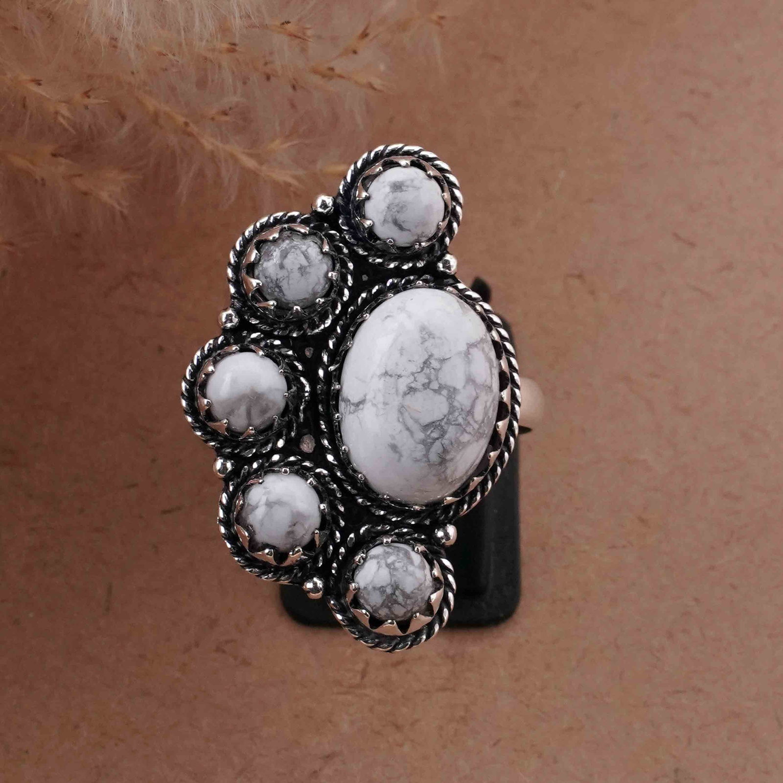 Natural Howlite Sterling Silver Plated Handmade Ring - 9MM: Product ID: 260418123922 Product - Handmade Silver Plated Ring Metal - 92.5 Sterling Silver Plated Ring Size - 9MM Gemstone - Howlite Gemstone Origin - Canada Gemstone Size - 10X14 MM ( 1 Stone ) / 6M