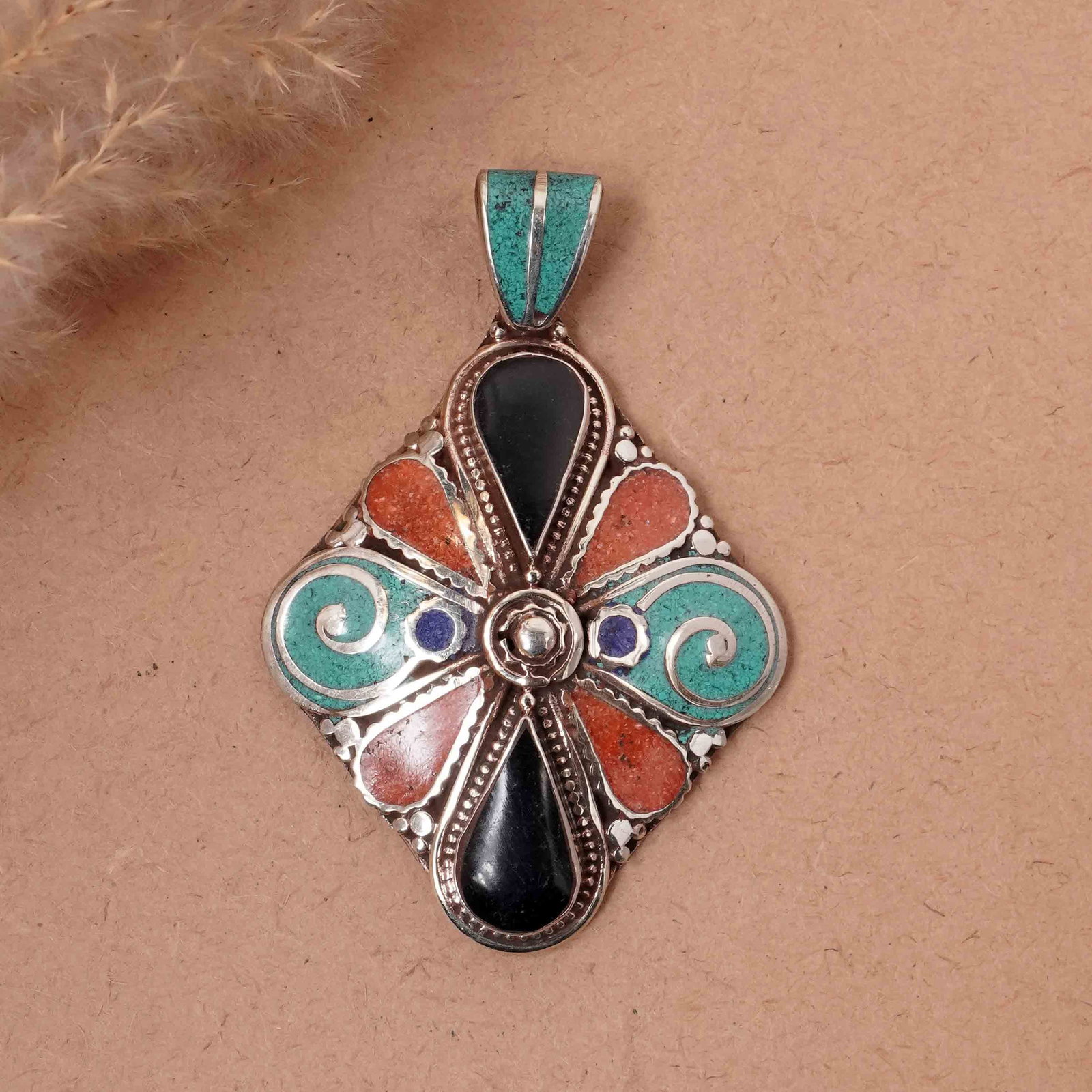 Tibetan Turquoise & Coral Handmade Choker Ethnic Pendant (1 of 3)