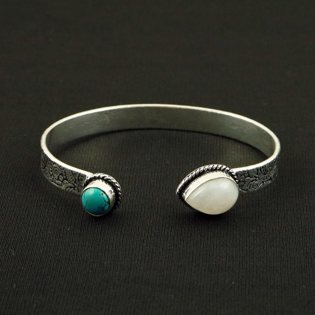 Natural Rainbow Moonstone & Turquoise Sterling Silver 2-Micron Plated Handmade Cuff Bangle: Product ID: 260716152421 Product - Handmade Silver Plated Cuff Bangle Metal - 92.5 2-Micron Sterling Silver Plated Bangle Size - 6.5x5 CM (Adjustable) Gemstone - Rainbow Moonstone & Turquoise Gemstone