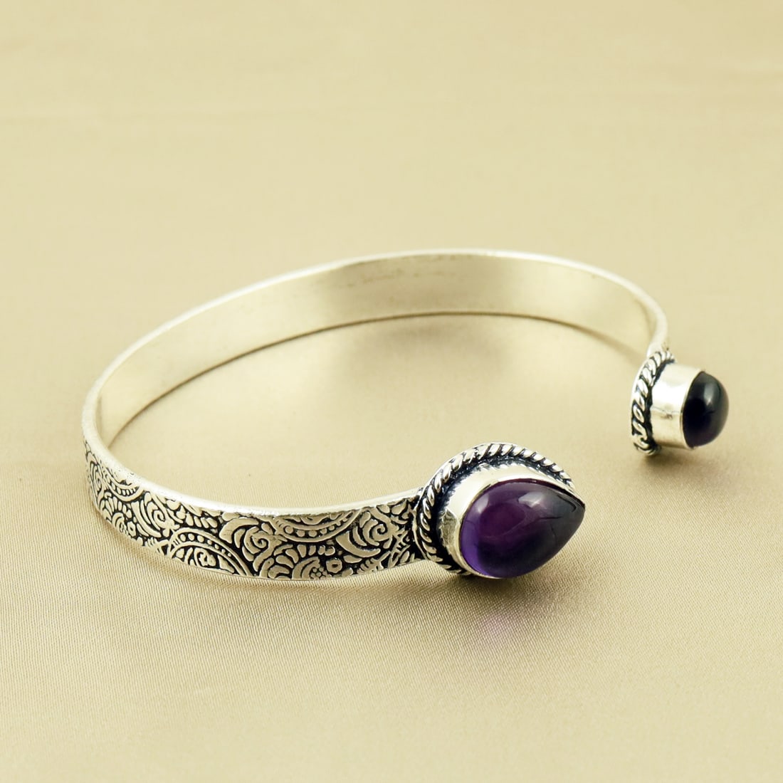 Natural Amethyst Sterling Silver 2-Micron Plated Handmade Cuff Bangle (1 of 4)