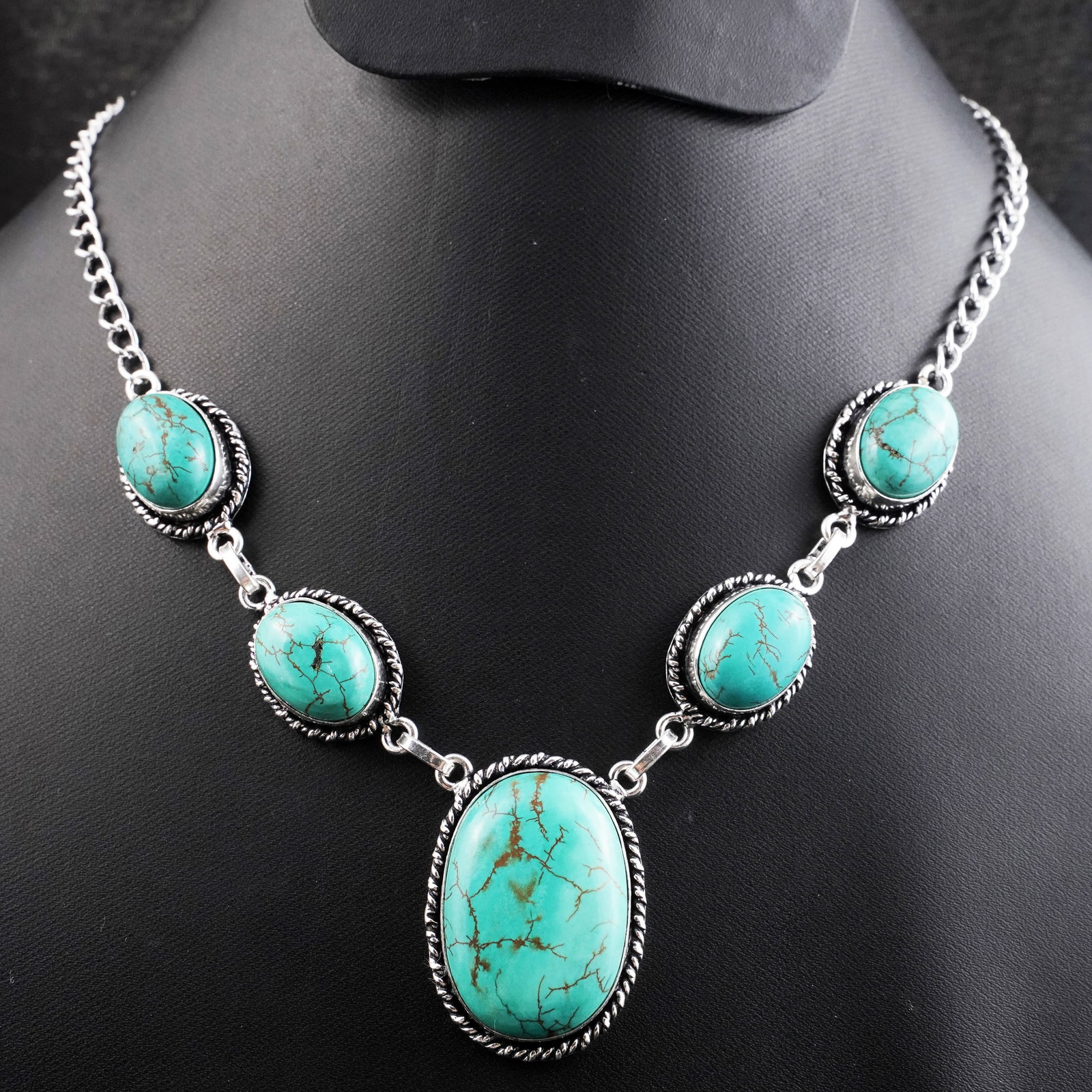 Natural Turquoise Sterling Silver Plated Handmade Necklace: Product ID: 260430171621 Product - Handmade Silver Plated Necklace Metal - 92.5 Sterling Silver Plated Necklace Length - 18 Inch Gemstone - Turquoise Gemstone Size - 12X16 MM (4 Stone), 3X2 CM (1 Ston
