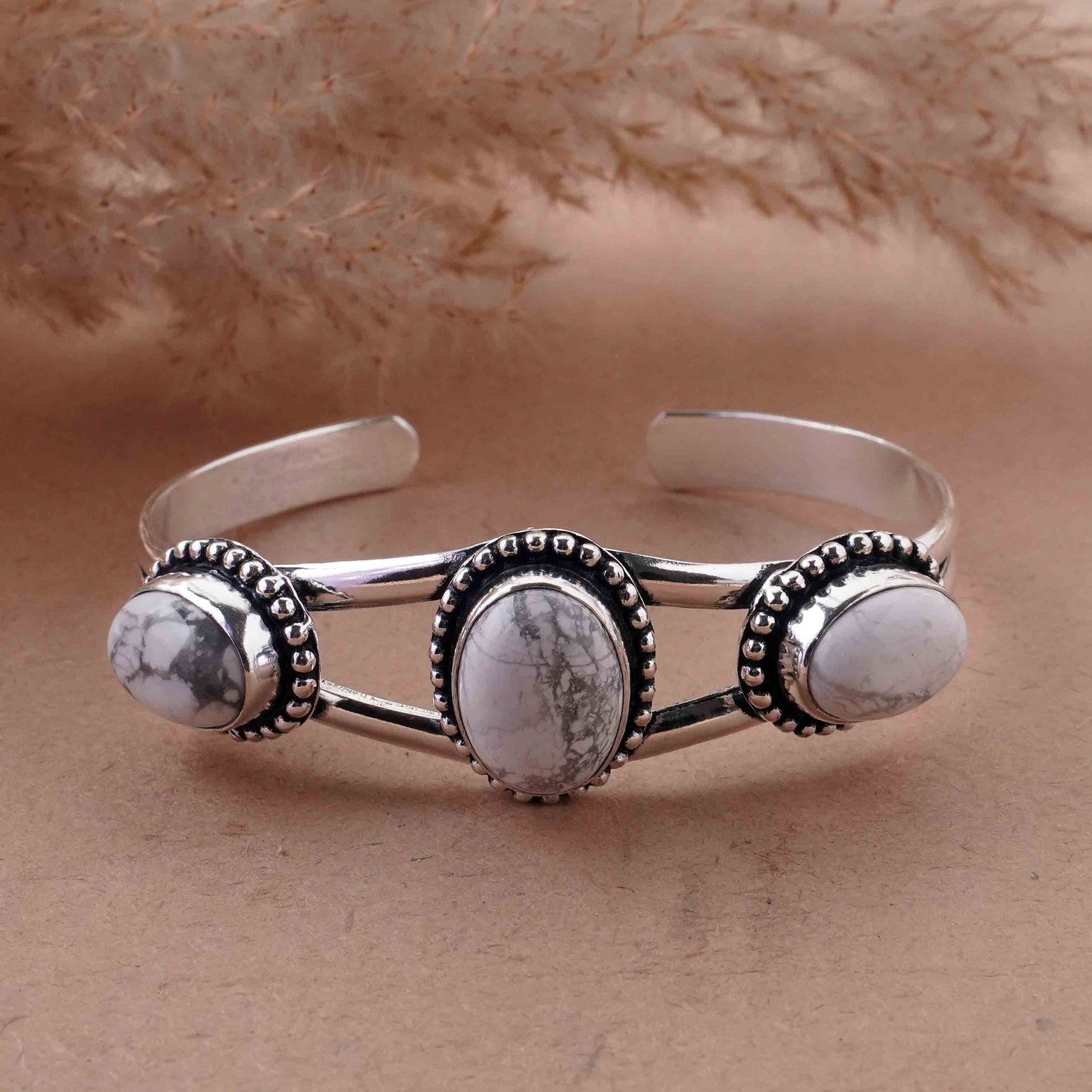 Natural Howlite Sterling Silver Plated Handmade Cuff Bangle: Product ID: 260429153005 Product - Handmade Silver Plated Cuff Bangle Metal - 92.5 Sterling Silver Plated Bangle Size - 6.5x4.5 CM (Adjustable) Gemstone - Howlite Gemstone Origin - Canada Gemstone Siz