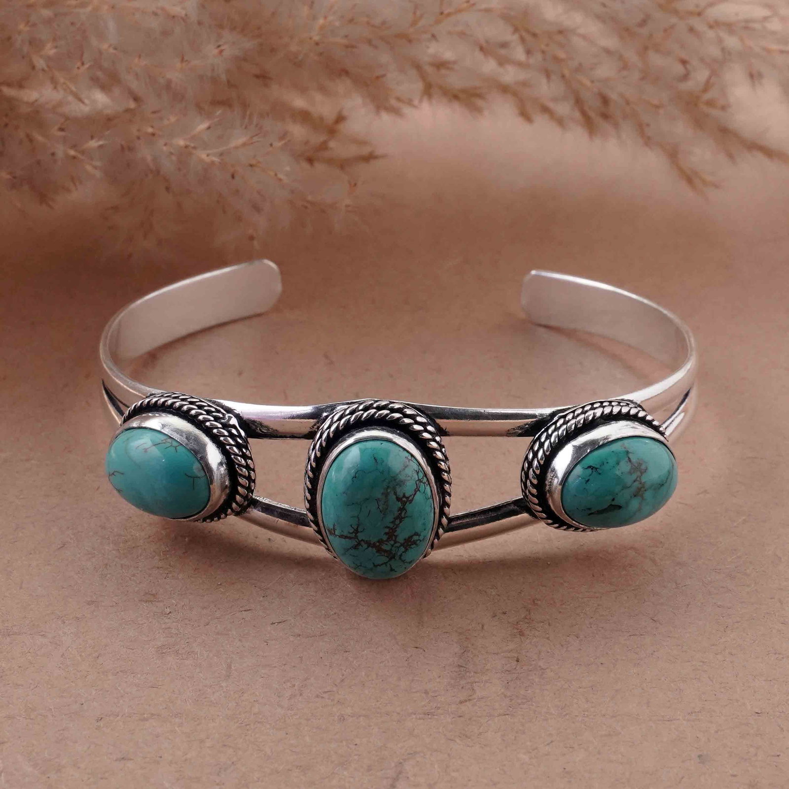 Natural Turquoise Sterling Silver Plated Handmade Cuff Bangle: Product ID: 260429152917 Product - Handmade Silver Plated Cuff Bangle Metal - 92.5 Sterling Silver Plated Bangle Size - 6.5x4.5 CM (Adjustable) Gemstone - Turquoise Gemstone Origin - Tibet Gemstone Si