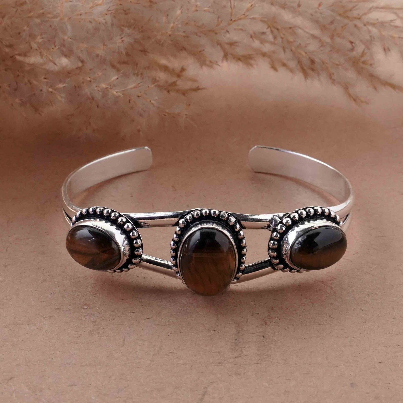 Natural Tiger Eye Sterling Silver Plated Handmade Cuff Bangle (1 of 4)
