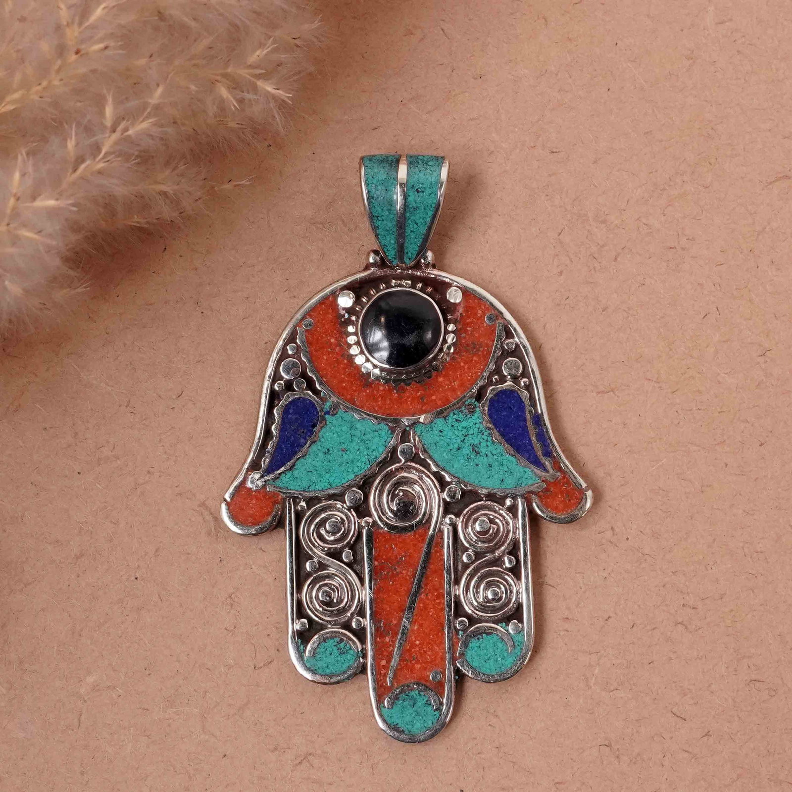 Tibetan Turquoise & Coral Handmade Fatima Hand Pendant (1 of 3)