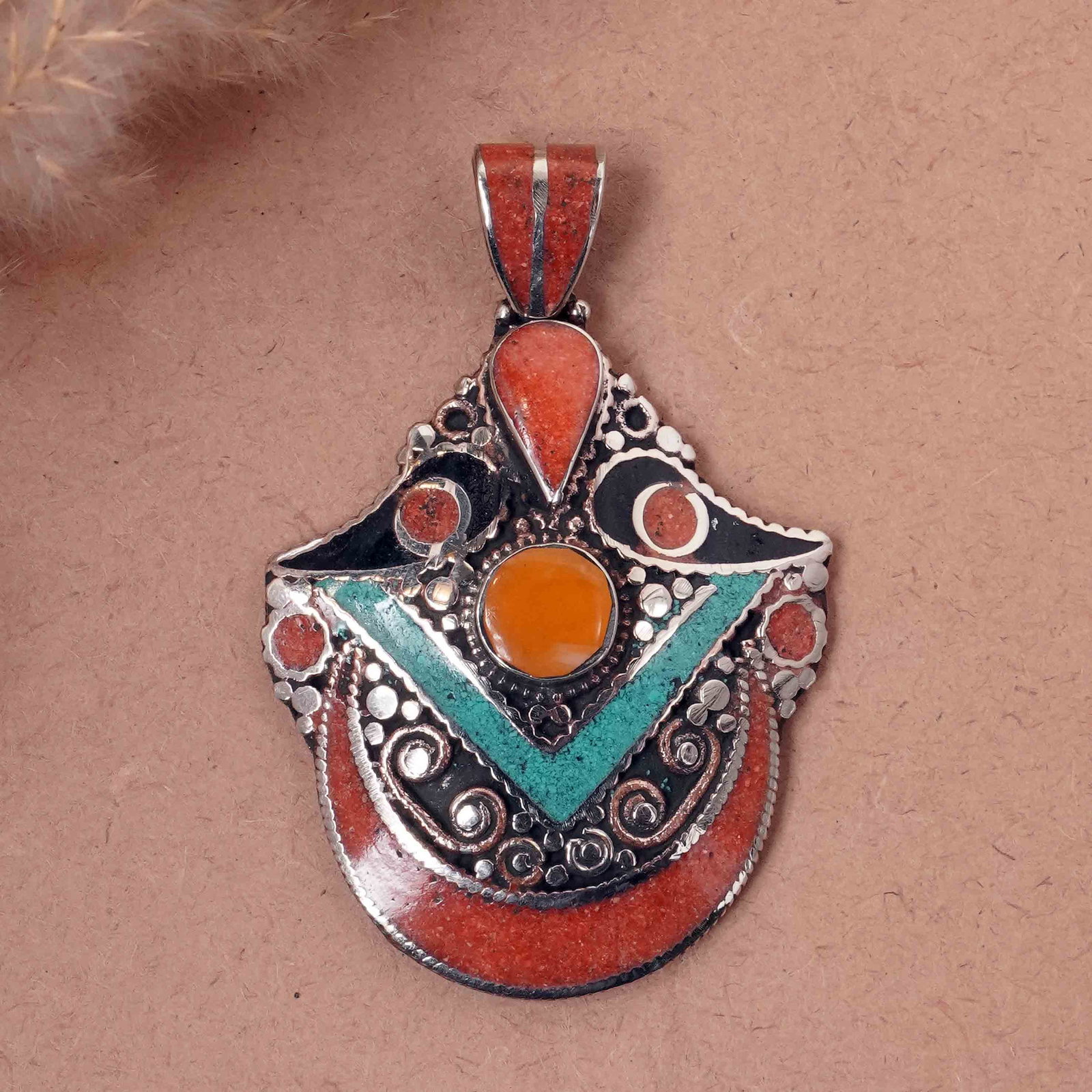 Tibetan Turquoise & Coral Handmade Ethnic Pendant (1 of 3)