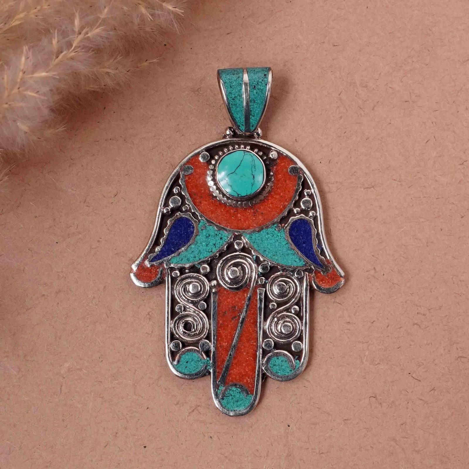 Tibetan Turquoise & Coral Handmade Fatima Hand Pendant (1 of 3)
