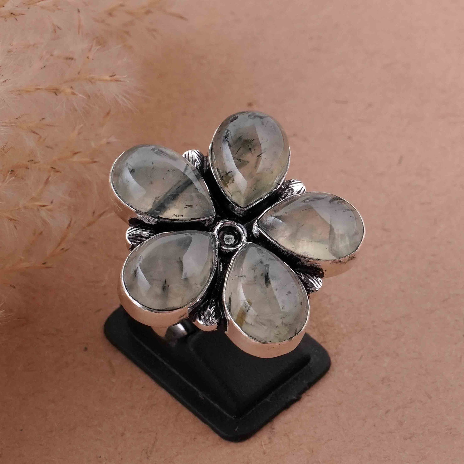 Natural Prehnite Sterling Silver Plated Handmade Flower Ring - 8MM: Product ID: 260417133836 Product - Handmade Silver Plated Ring Metal - 92.5 Sterling Silver Plated Ring Size - 8MM Gemstone - Prehnite Gemstone Origin - South Africa Gemstone Size - 10X14 MM ( 5 Stone