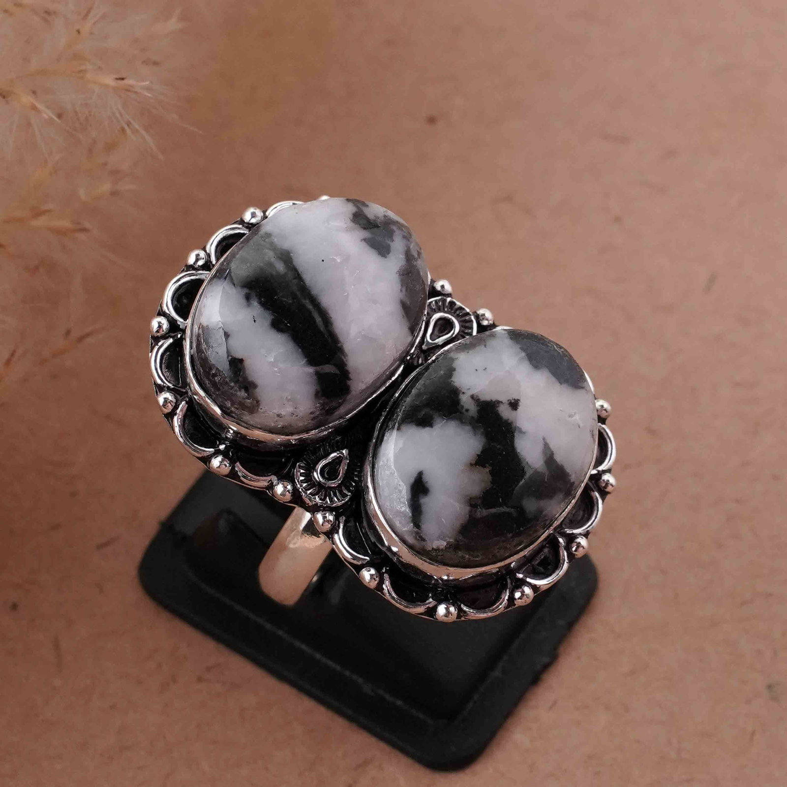 Natural Zebra Jasper Sterling Silver Plated Handmade Ring - 8MM: Product ID: 260417133546 Product - Handmade Silver Plated Ring Metal - 92.5 Sterling Silver Plated Ring Size - 8MM Gemstone - Zebra Jasper Gemstone Origin - Africa Gemstone Size - 12X16 MM ( 2 Stone )