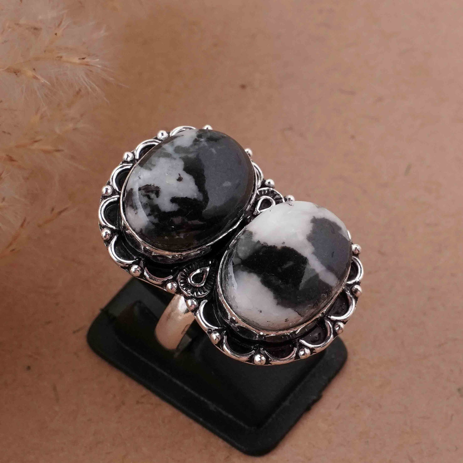 Natural Zebra Jasper Sterling Silver Plated Handmade Ring - 6MM: Product ID: 260417133258 Product - Handmade Silver Plated Ring Metal - 92.5 Sterling Silver Plated Ring Size - 6MM Gemstone - Zebra Jasper Gemstone Origin - Africa Gemstone Size - 12X16 MM ( 2 Stone )