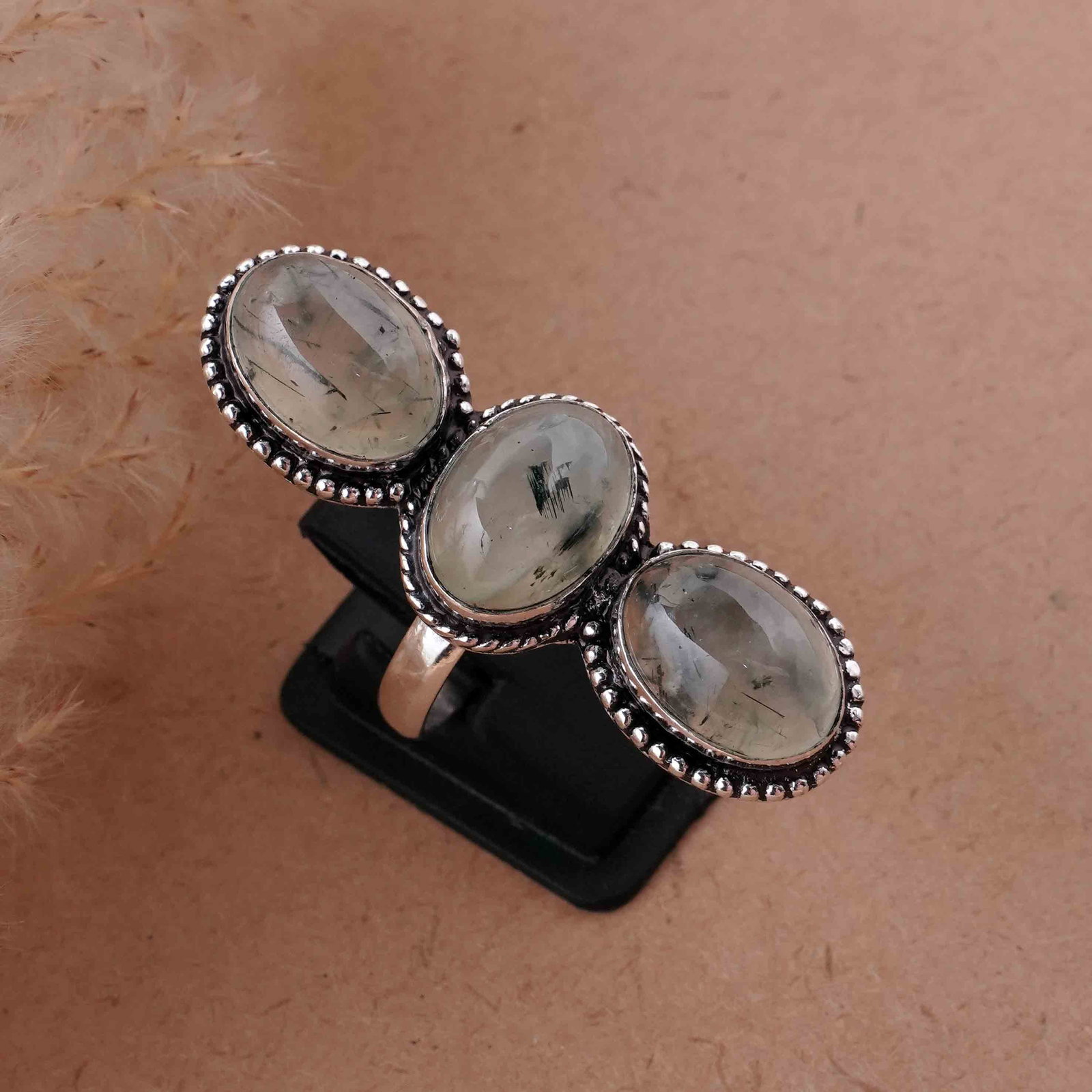 Natural Prehnite Sterling Silver Plated Handmade Ring - 9.5MM: Product ID: 260417132043 Product - Handmade Silver Plated Ring Metal - 92.5 Sterling Silver Plated Ring Size - 9.5MM Gemstone - Prehnite Gemstone Origin - South Africa Gemstone Size - 10X14 MM ( 3 Sto