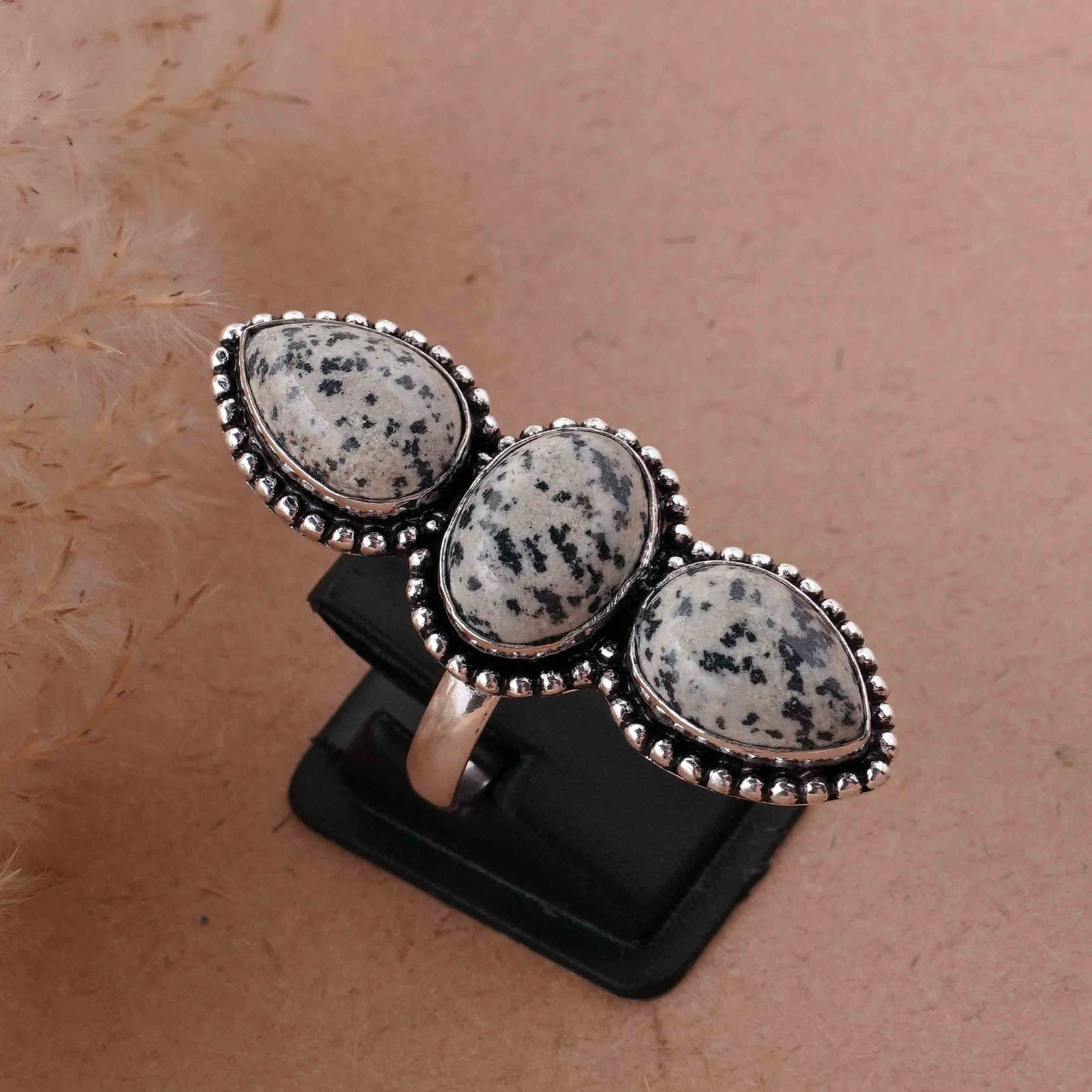 Natural Dalmatian Jasper Sterling Silver Plated Handmade Ring - 9MM: Product ID: 260417131931 Product - Handmade Silver Plated Ring Metal - 92.5 Sterling Silver Plated Ring Size - 9MM Gemstone - Dalmatian Gemstone Origin - Mexico Gemstone Size - 10X14 MM ( 3 Stone ) Ge