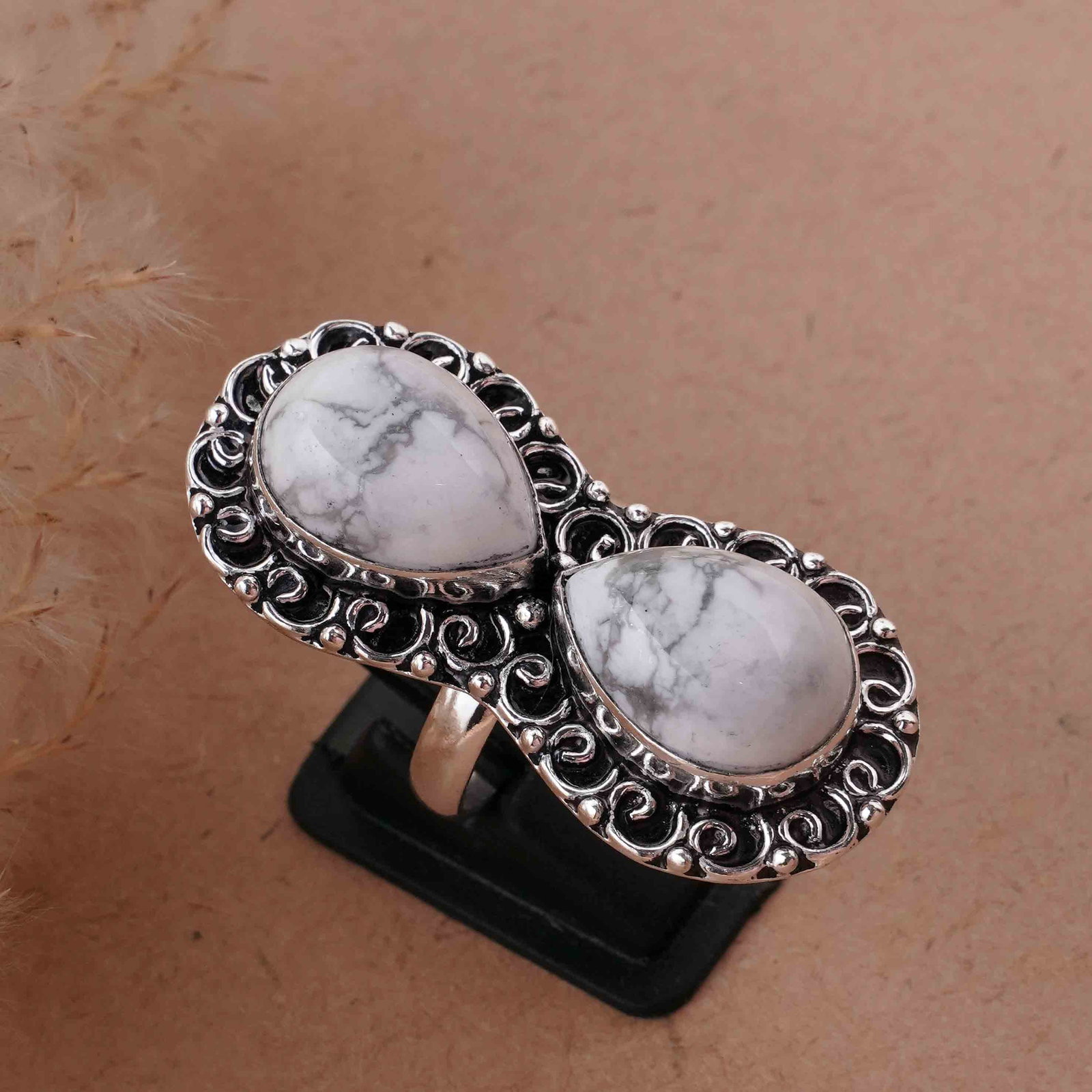 Natural Howlite Sterling Silver Plated Handmade Ring - 7MM: Product ID: 260417131213 Product - Handmade Silver Plated Ring Metal - 92.5 Sterling Silver Plated Ring Size - 7MM Gemstone - Howlite Gemstone Origin - Canada Gemstone Size - 12X16 MM ( 2 Stone ) Gems