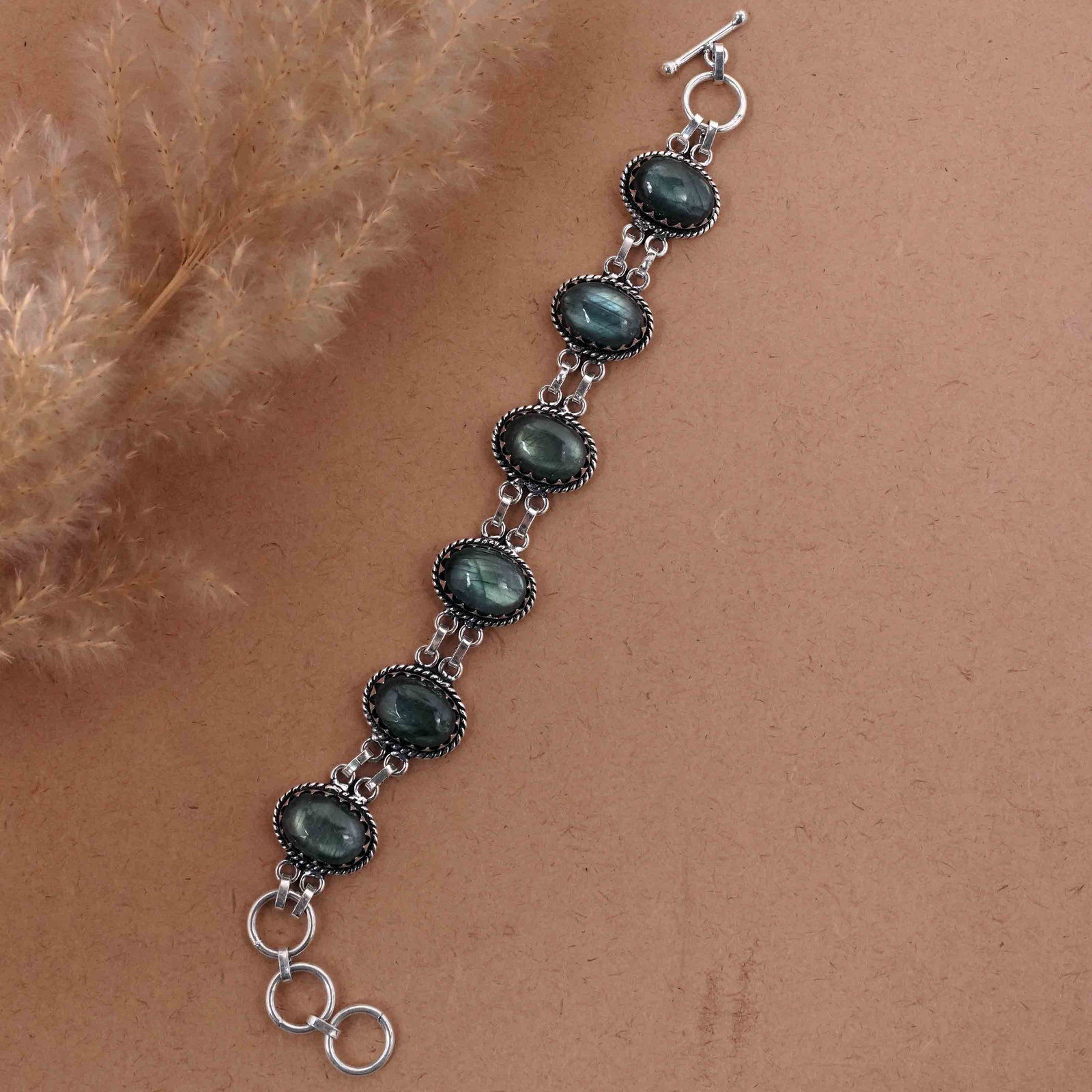 Natural Labradorite Sterling Silver Plated Handmade Bracelet: Product ID: 260416161301 Product - Handmade Silver Plated Bracelet Metal - 92.5 Sterling Silver Plated Bracelet Length - 6 Inch + 2 Inch Gemstone - Labradorite Gemstone Size -10X14 ( 6 Stone) Gemstone