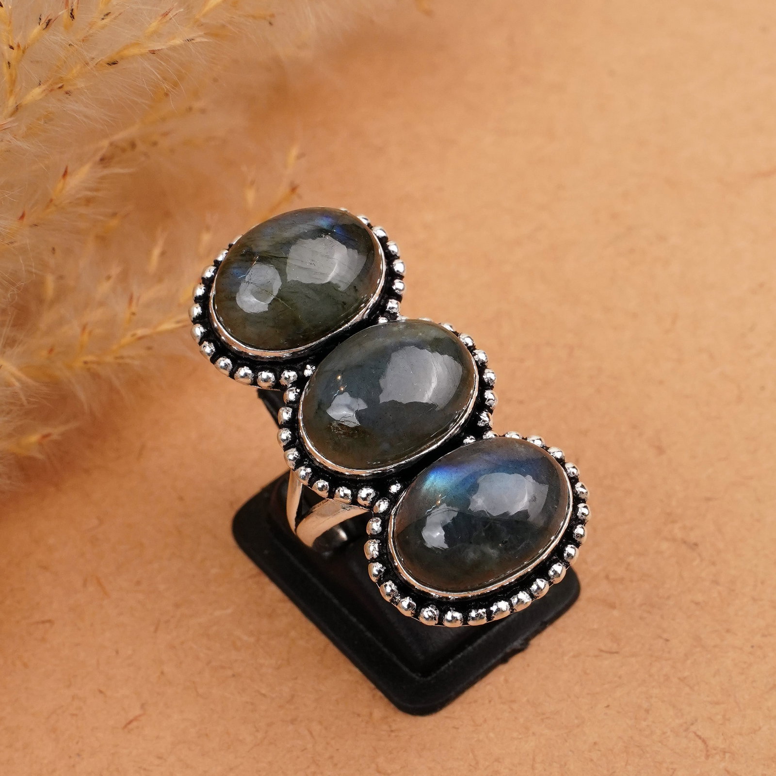 Natural Labradorite Sterling Silver Plated Handmade Ring - 6MM: Product ID: 260410163021 Product - Handmade Silver Plated Ring Metal - 92.5 Sterling Silver Plated Ring Size - 6MM Gemstone - Labradorite Gemstone Origin - Canada Gemstone Size - 10X14 MM ( 3 Stone ) 