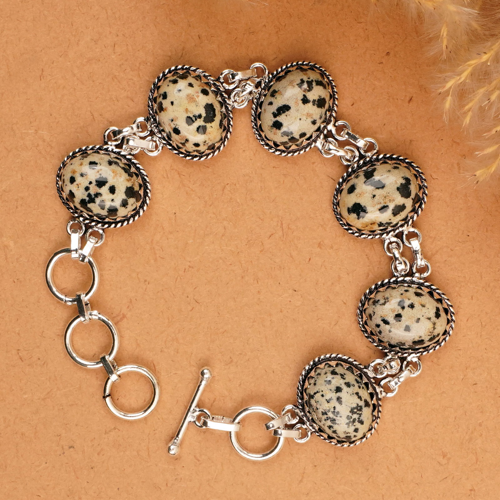 Natural Dalmatian Jasper Sterling Silver Plated Handmade Bracelet: Product ID: 260410140244 Product - Handmade Silver Plated Bracelet Metal - 92.5 Sterling Silver Plated Bracelet Length - 6 Inch + 2 Inch Gemstone - Dalmatian Gemstone Size -12X16 MM ( 6 Stone) Gemston
