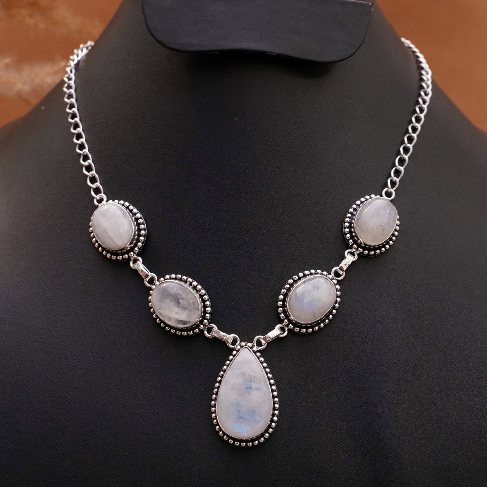 Natural Rainbow Moonstone Sterling Silver Plated Handmade Necklace: Product ID: 260409132657 Product - Handmade Silver Plated Necklace Metal - 92.5 Sterling Silver Plated Necklace Length - 18 Inch Gemstone - Rainbow Moonstone Gemstone Size - 12X16 MM ( 4 Stone) 20x18 