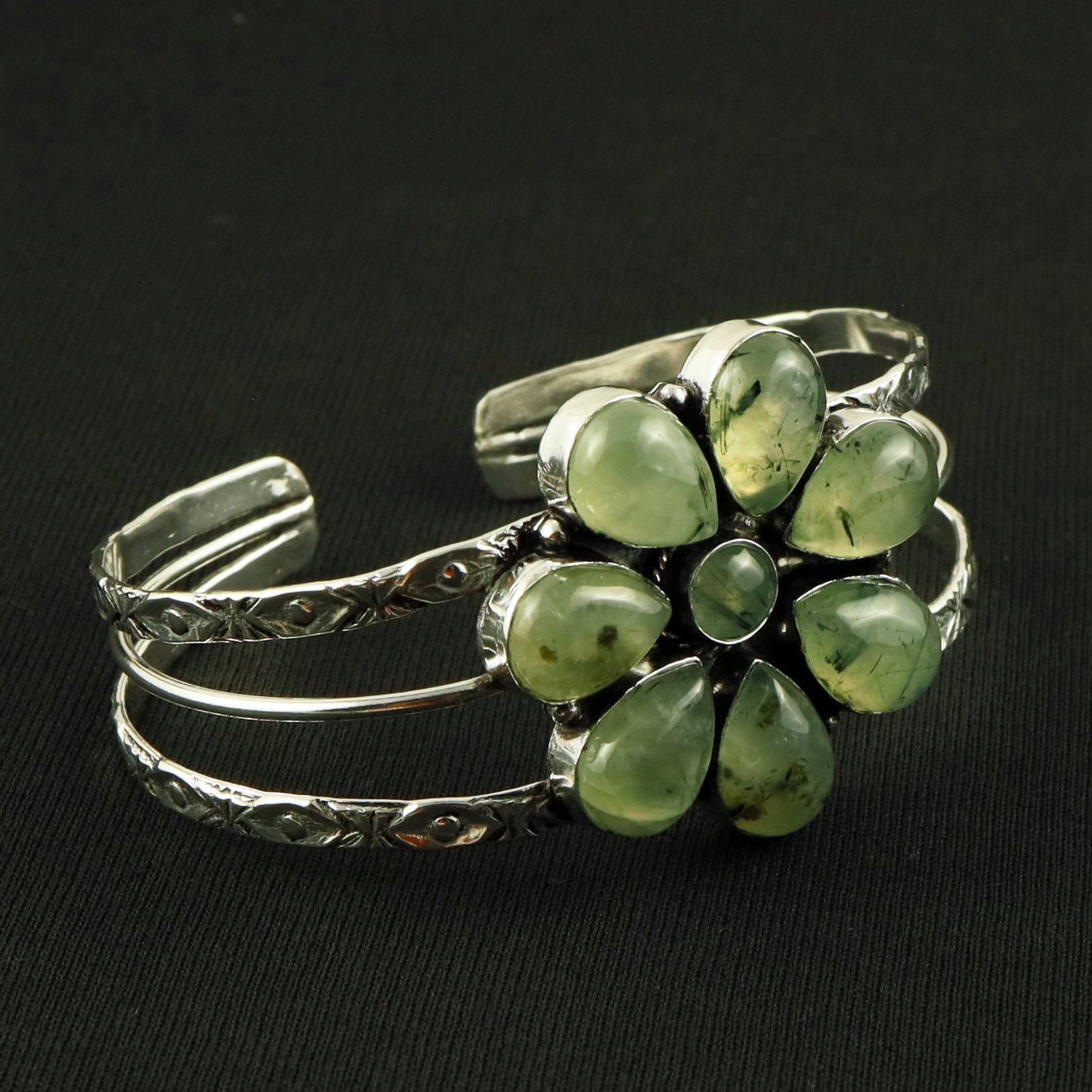 Natural Prehnite Sterling Silver Plated Handmade Cuff Bangle: Product ID: 260630164601 Product - Handmade Silver Plated Cuff Bangle Metal - 92.5 Sterling Silver Plated Bangle Size - 7x5 CM (Adjustable) Gemstone - Prehnite Gemstone Origin - South Africa Gemstone 